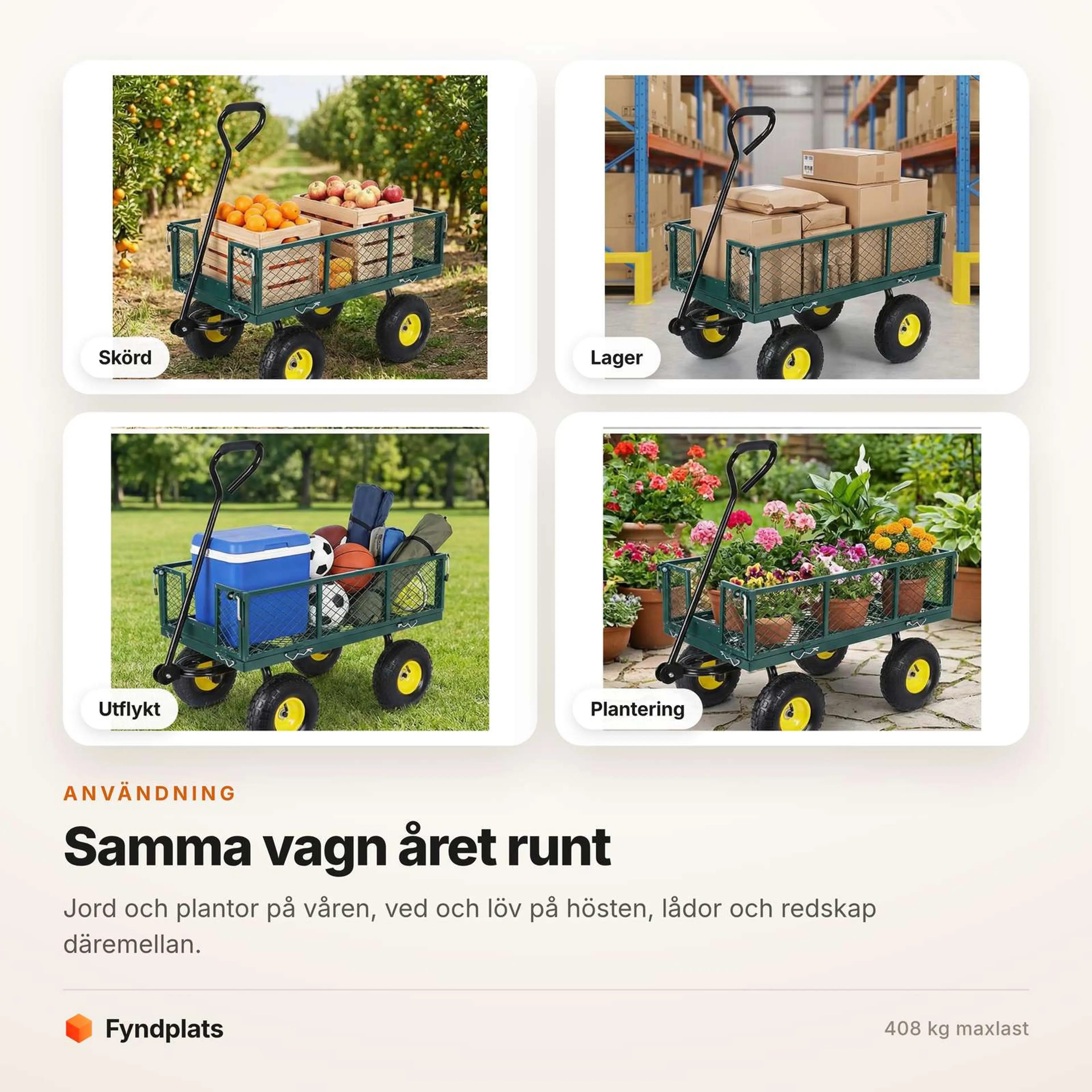 Fyndplats-kort: vagnen i fyra användningar — skörd, lager, utflykt och plantering