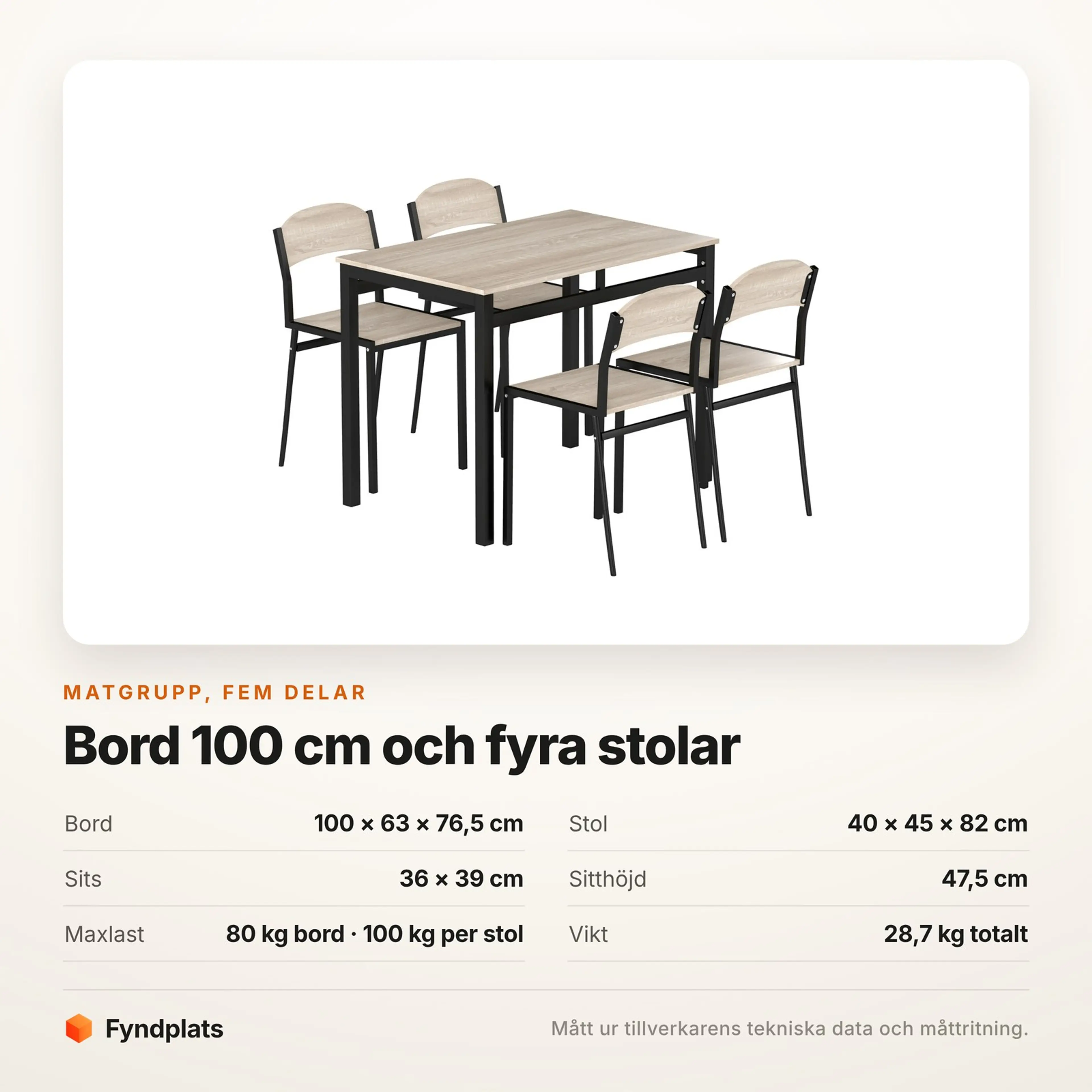 Specifikationskort för matgruppen med bordsmått, stolsmått, sitthöjd och maxlast