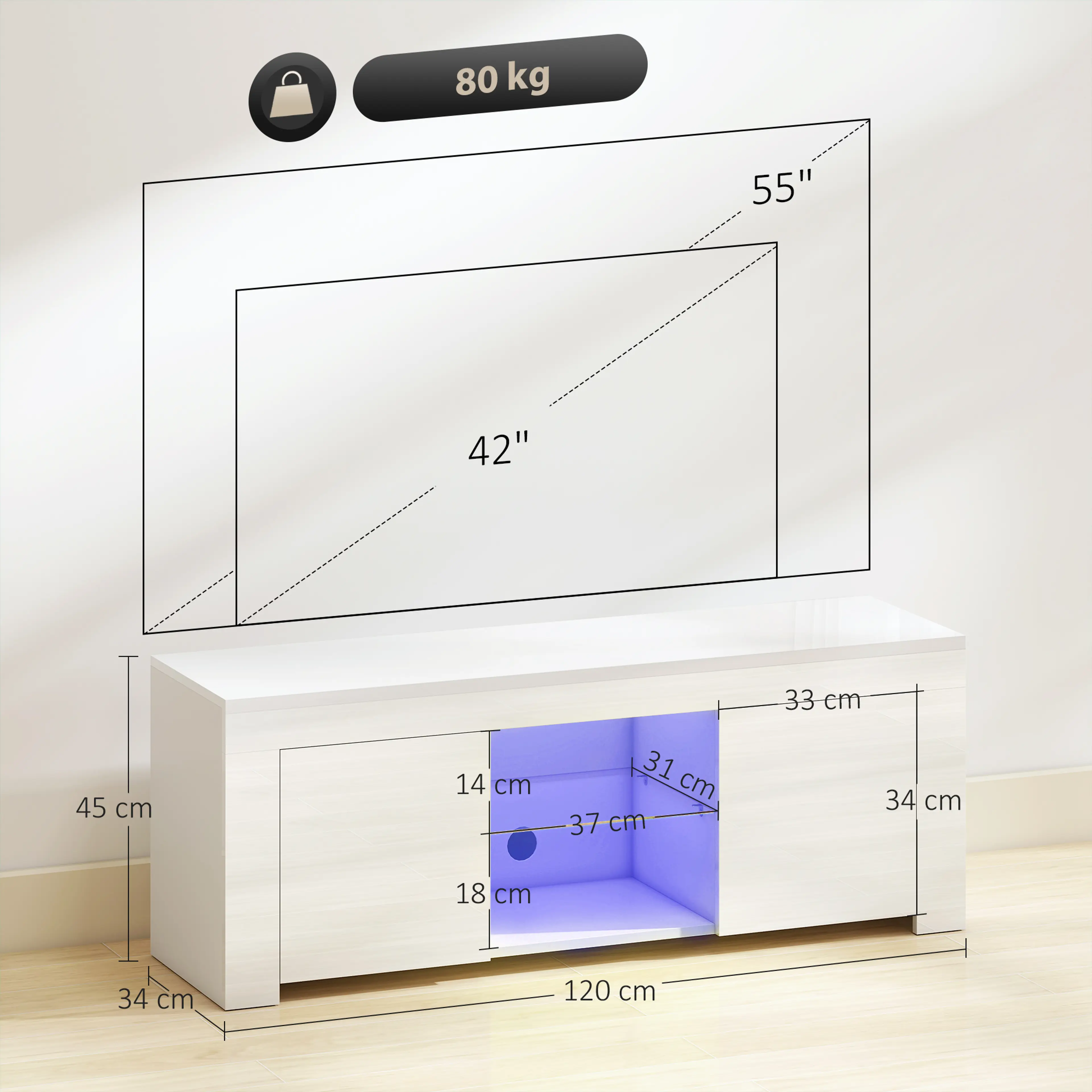TV-bänk 120 cm med LED och två luckor – bild 4