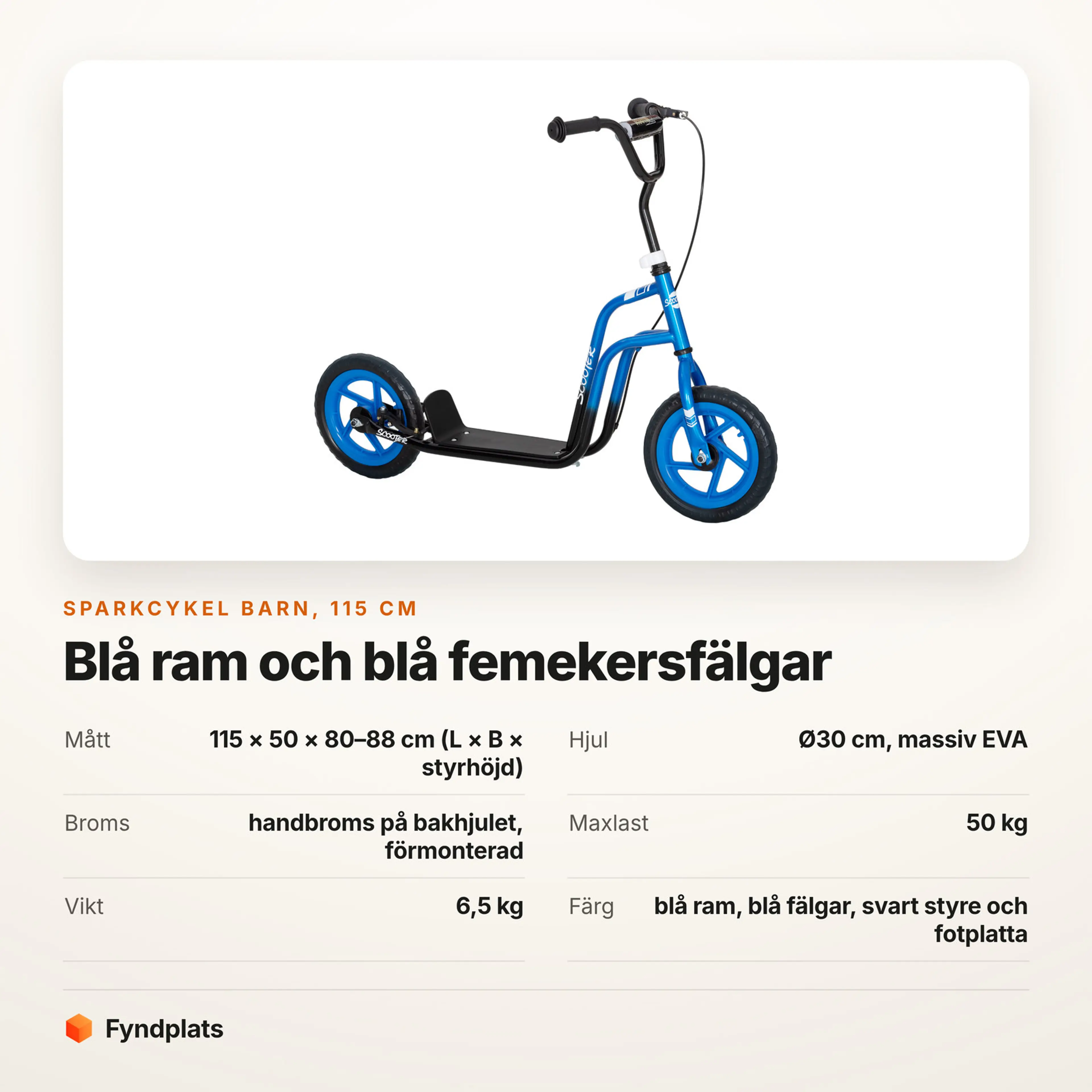 Faktakort: sparkcykel barn 115 cm, blå ram och blå femekersfälgar