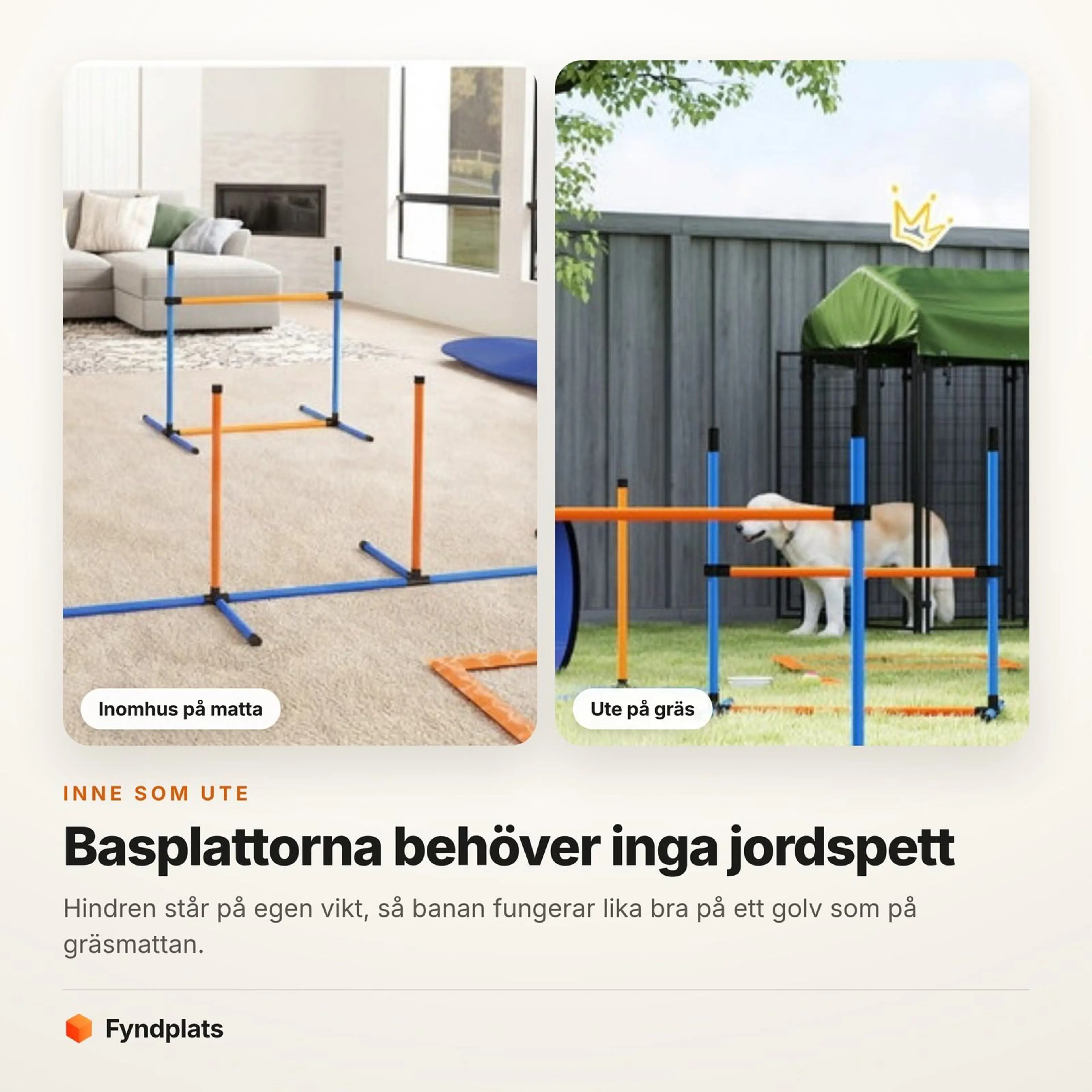Agilitybanan uppställd både inomhus på en matta och ute på gräsmattan