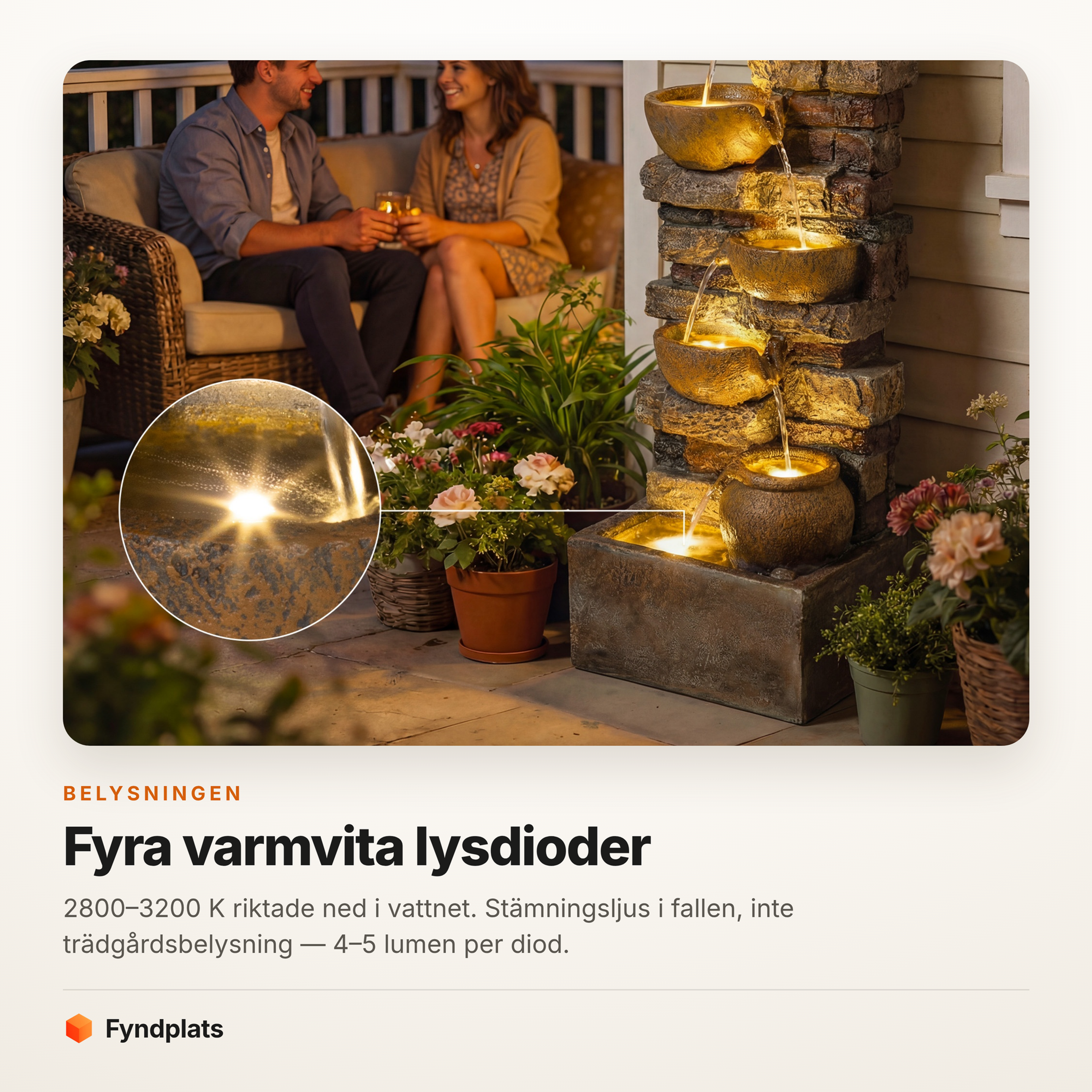 Närbild på en av lysdioderna som lyser upp vattenfallet mellan skålarna