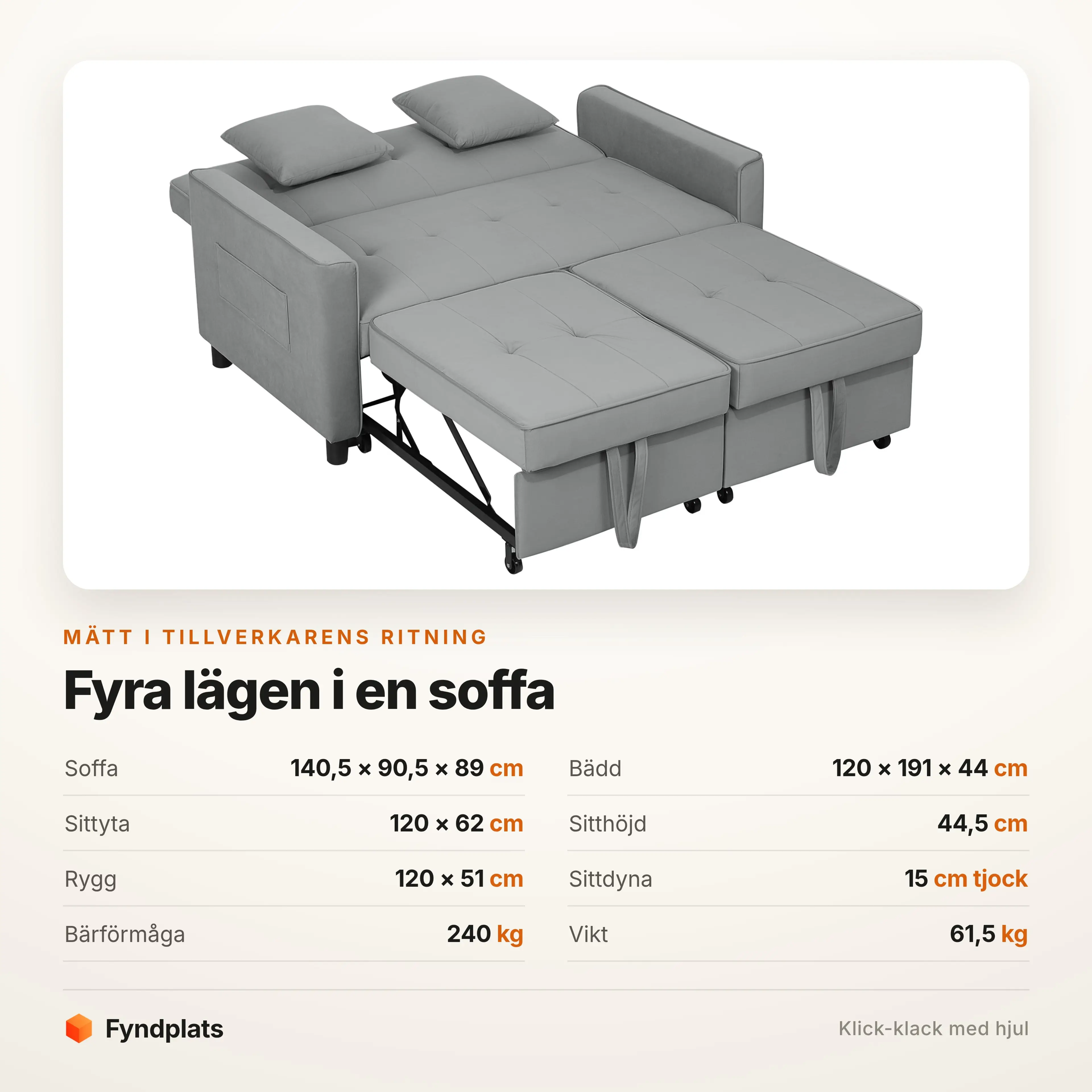 Specifikationer: soffa 140,5 cm, bädd 120 × 191 cm, bär 240 kg