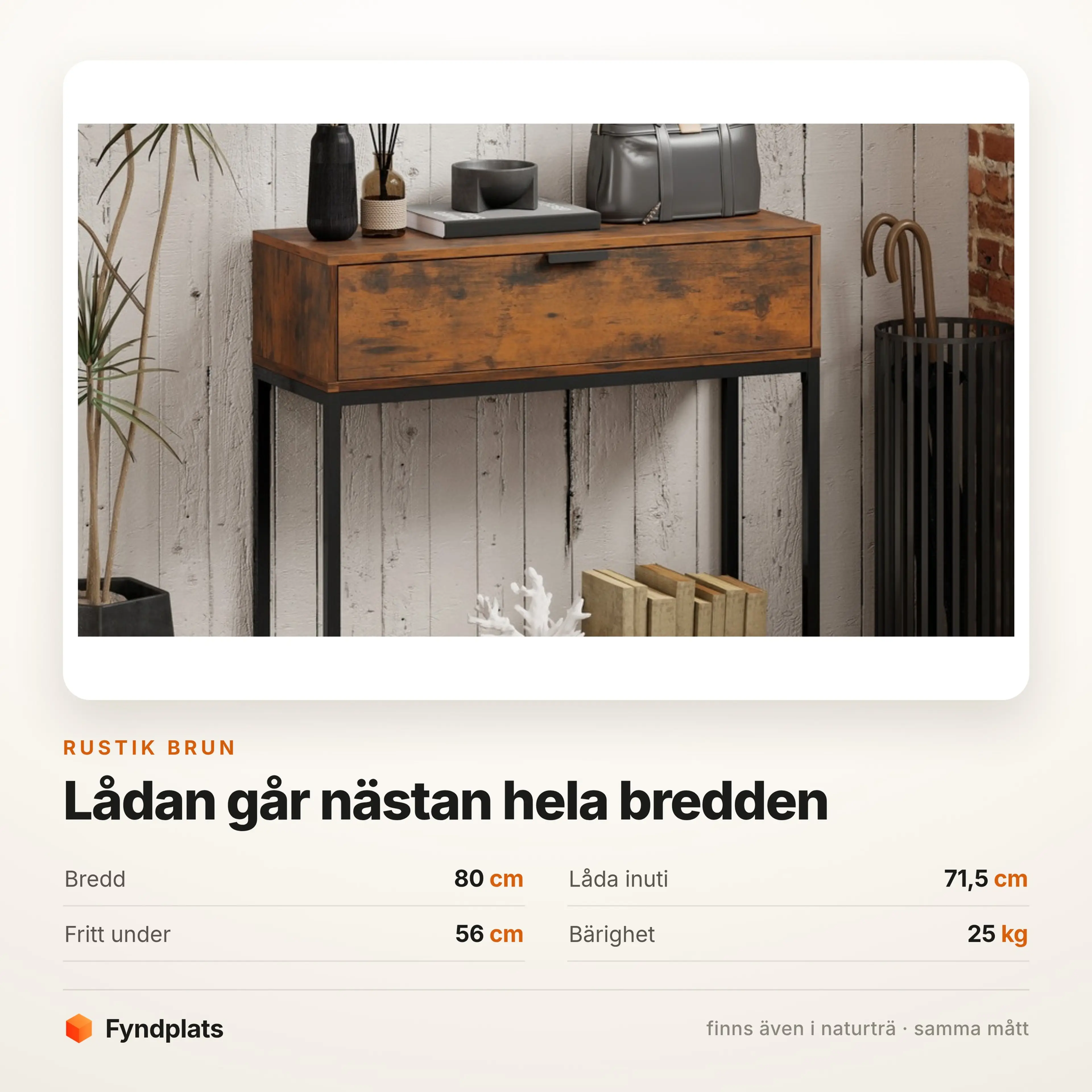 Konsolbord med låda 80 cm, rustik brun – bild 3