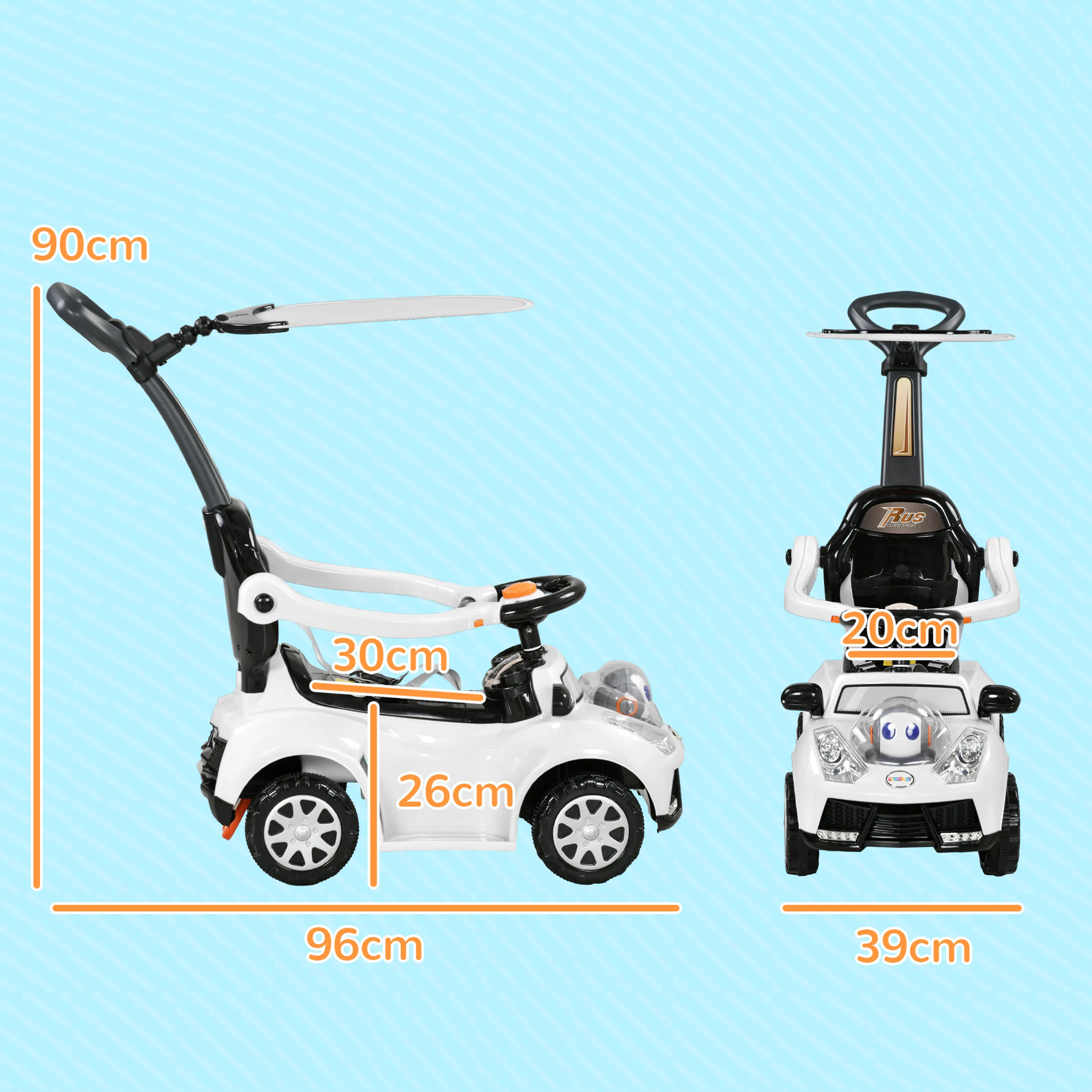 Måttskiss på gåbilen med 96 cm längd, 39 cm bredd, 90 cm höjd och sitsen 26 cm över marken