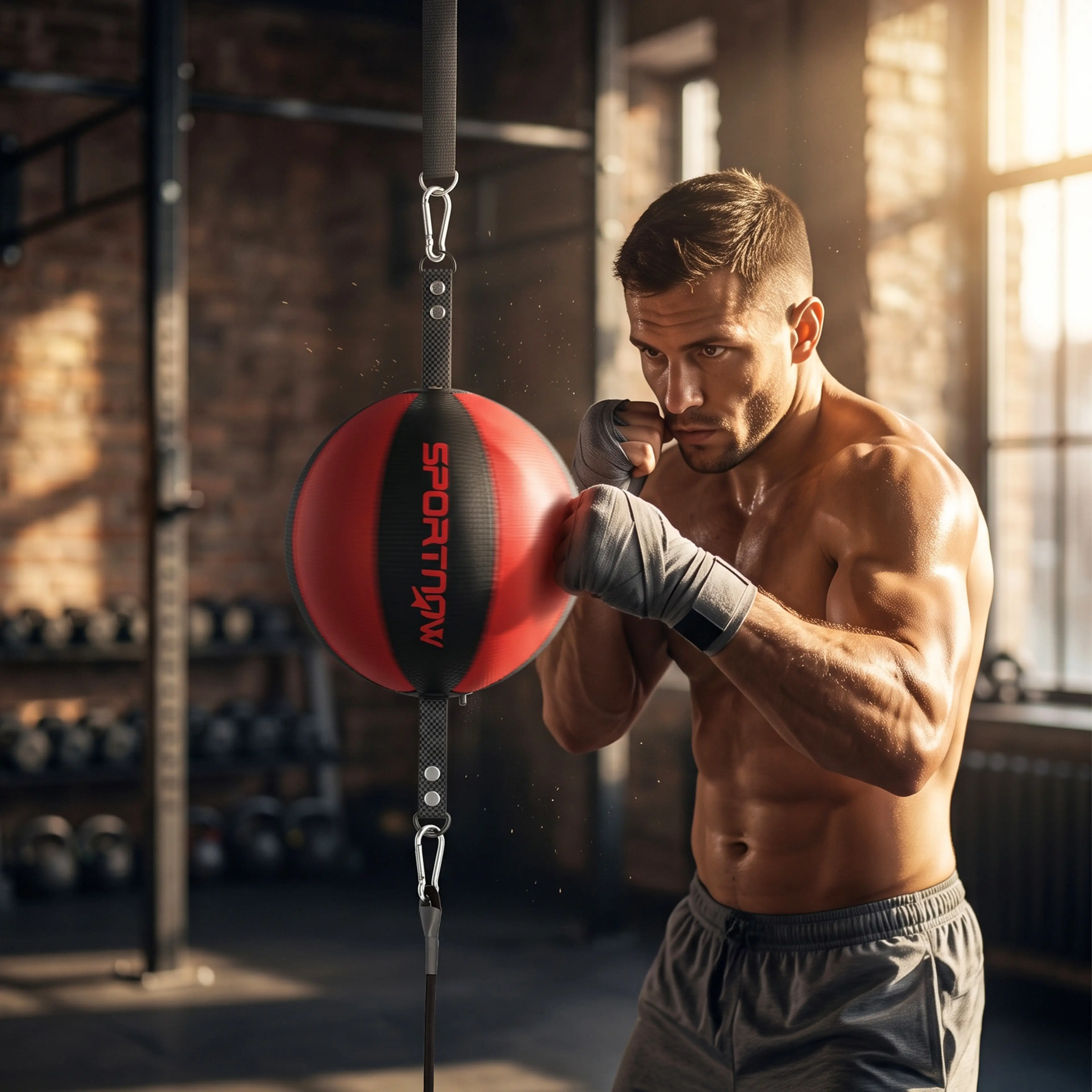 Dubbelbollen i ett gym med tegelvägg, fäst med bandet uppåt och gummirepet nedåt