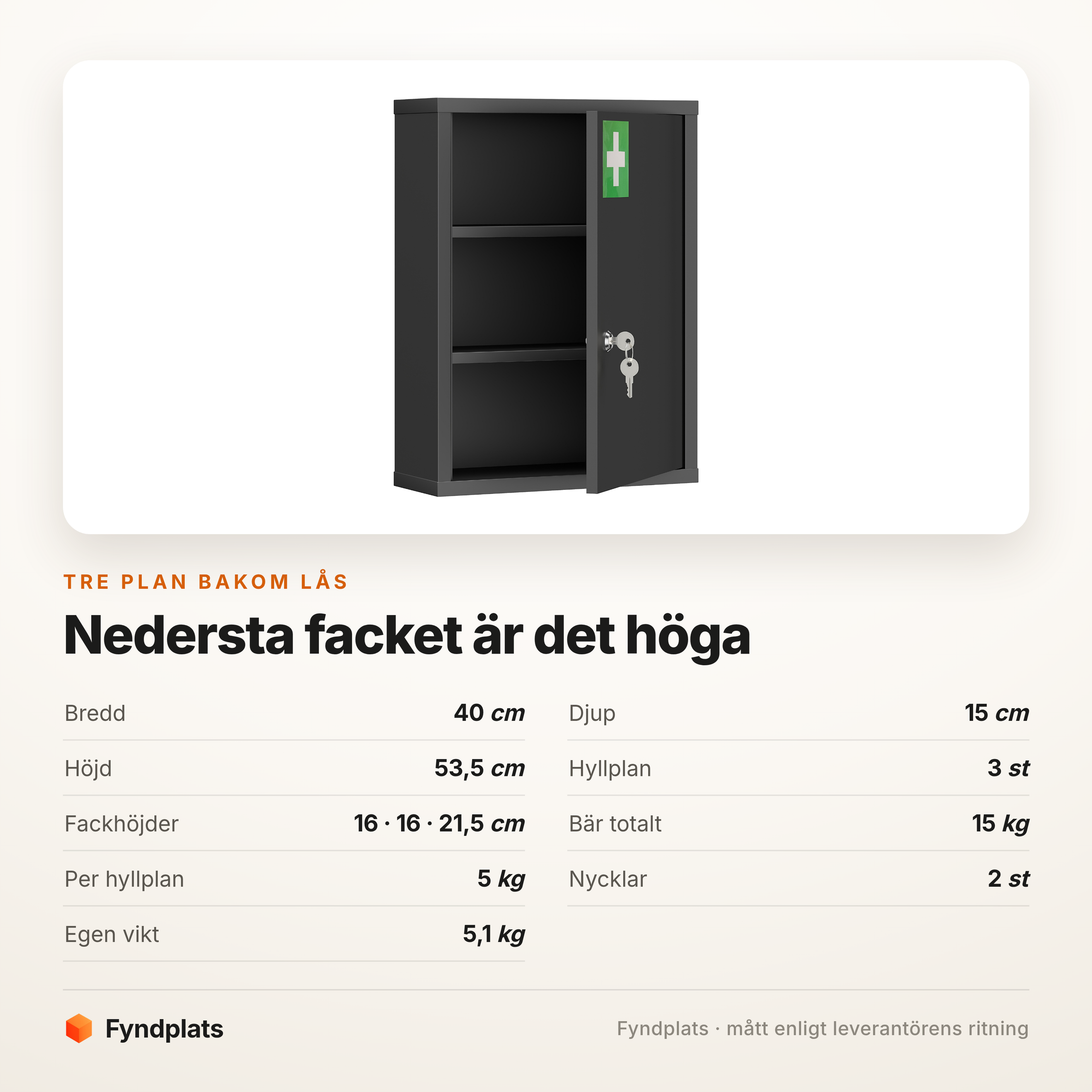 Medicinskåp 40 cm med lås – svart stål, tre plan – bild 6