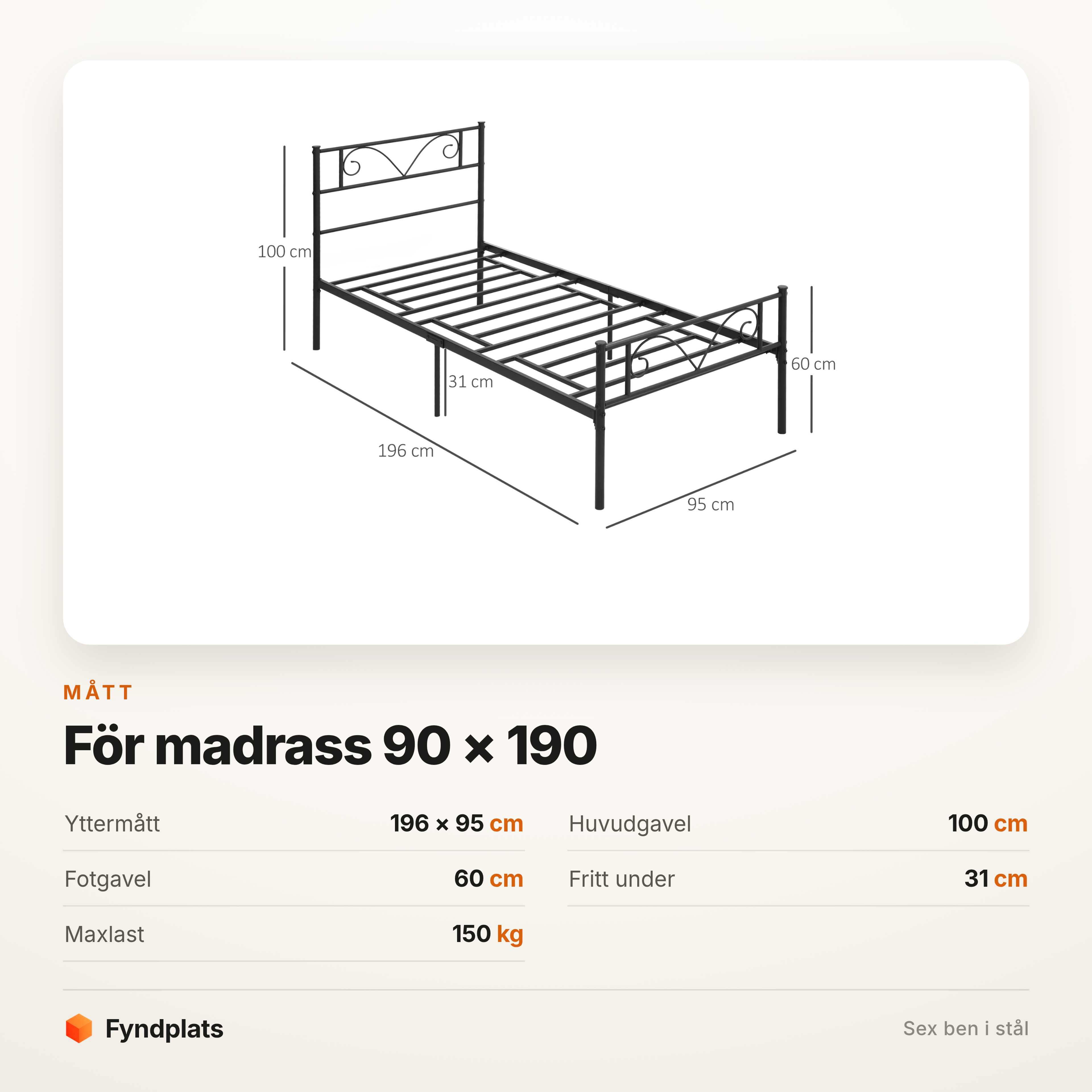 Måttkort för sängramen: 196 × 95 cm, gavlar 100 och 60 cm samt 31 cm fri höjd