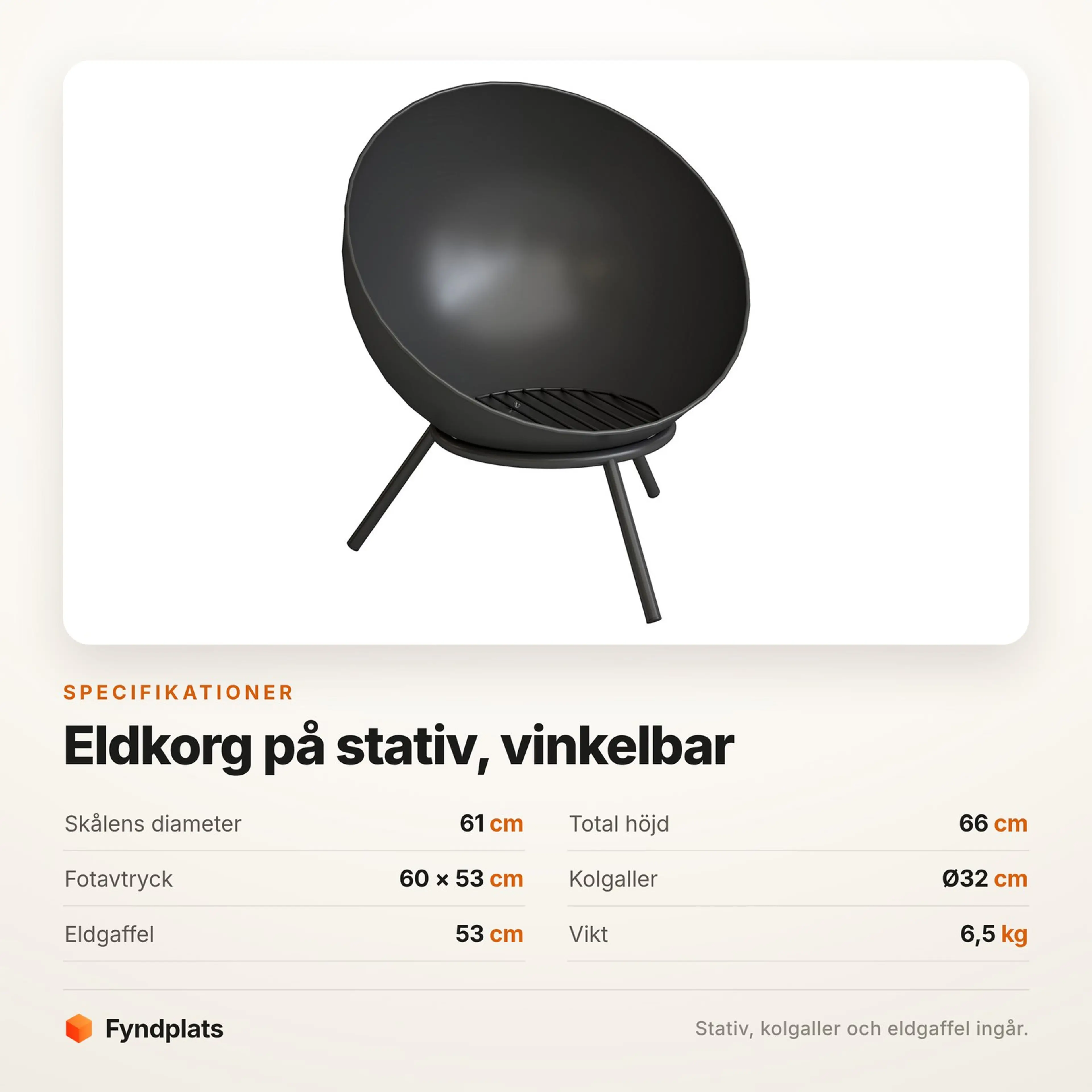 Specifikationer: skål 61 cm, total höjd 66 cm, fotavtryck 60 × 53 cm, vikt 6,5 kg