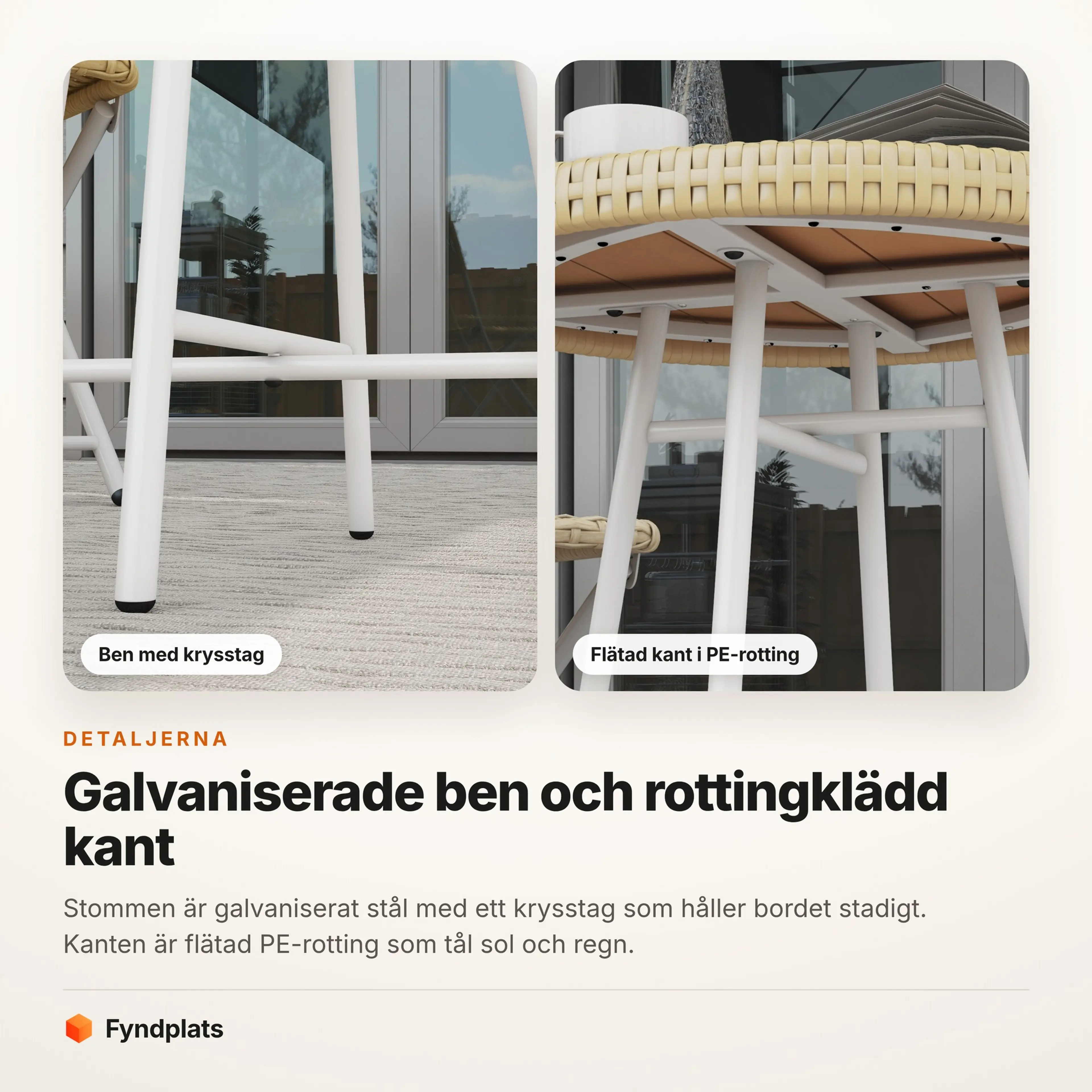 Närbilder på sidobordets ben med krysstag och den flätade rottingkanten.