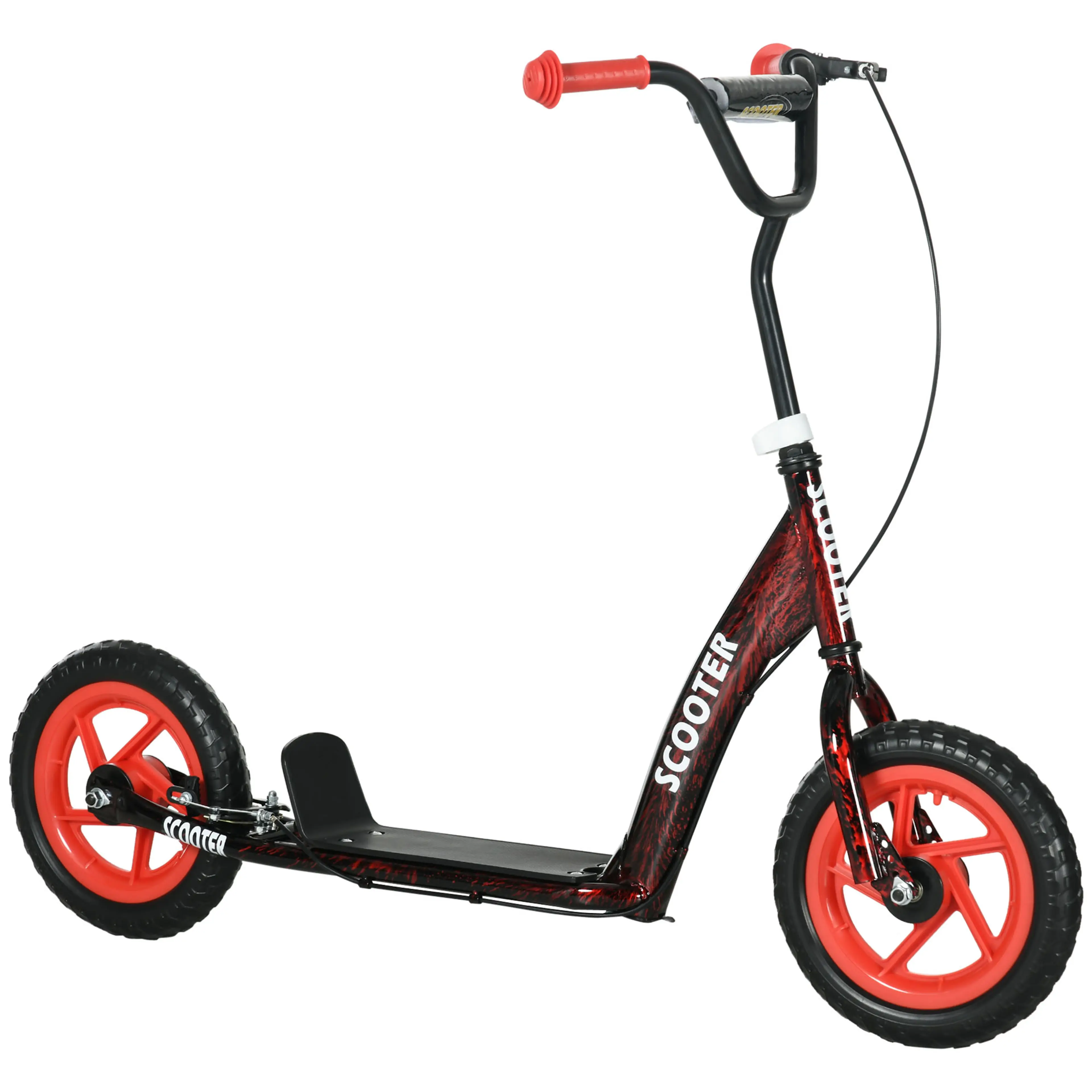 Vinröd sparkcykel med röda maghjul och röda handtag