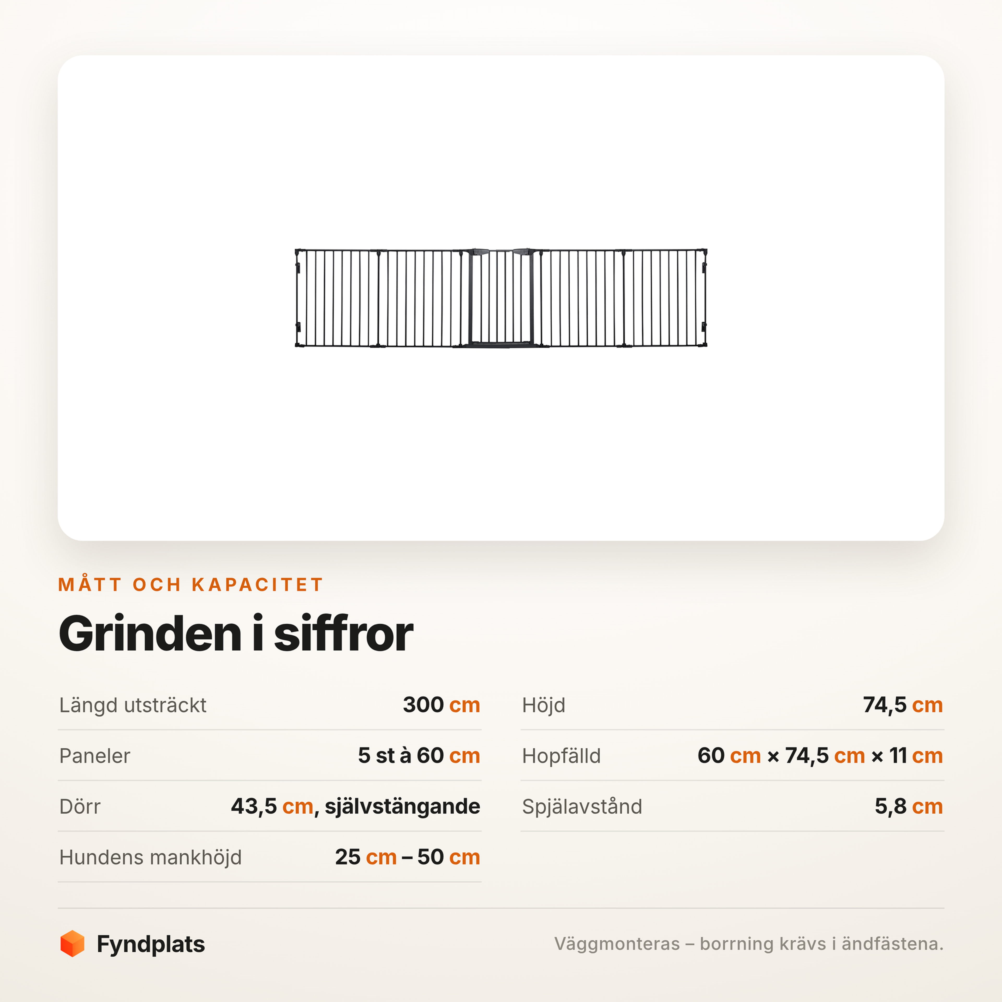 Specifikationstabell för hundgrinden: längd, höjd, dörr och spjälavstånd
