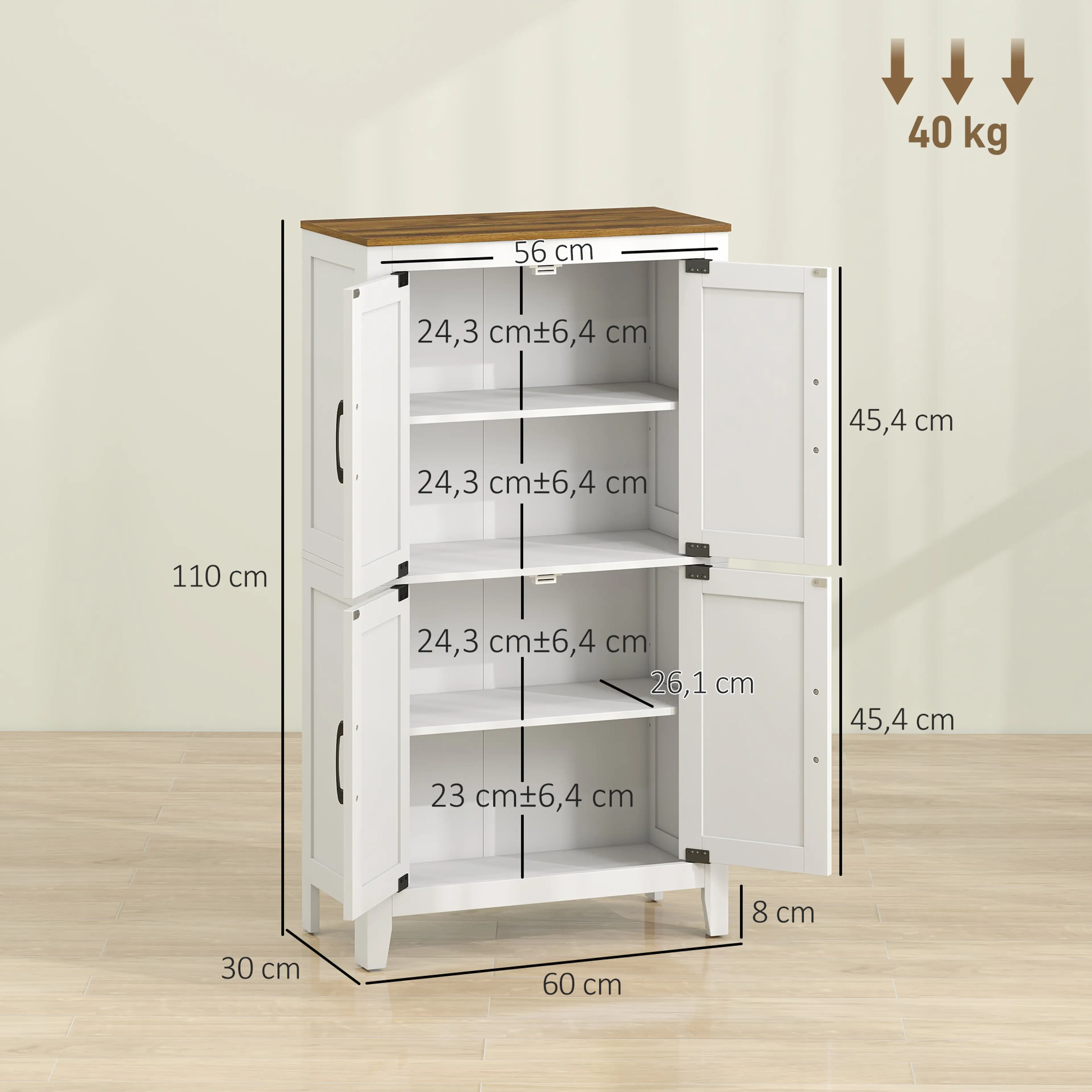 Måttdiagram för badrumsskåpet: 60 × 30 × 110 cm, hyllmått 56 × 26,1 cm och maxlast 40 kg