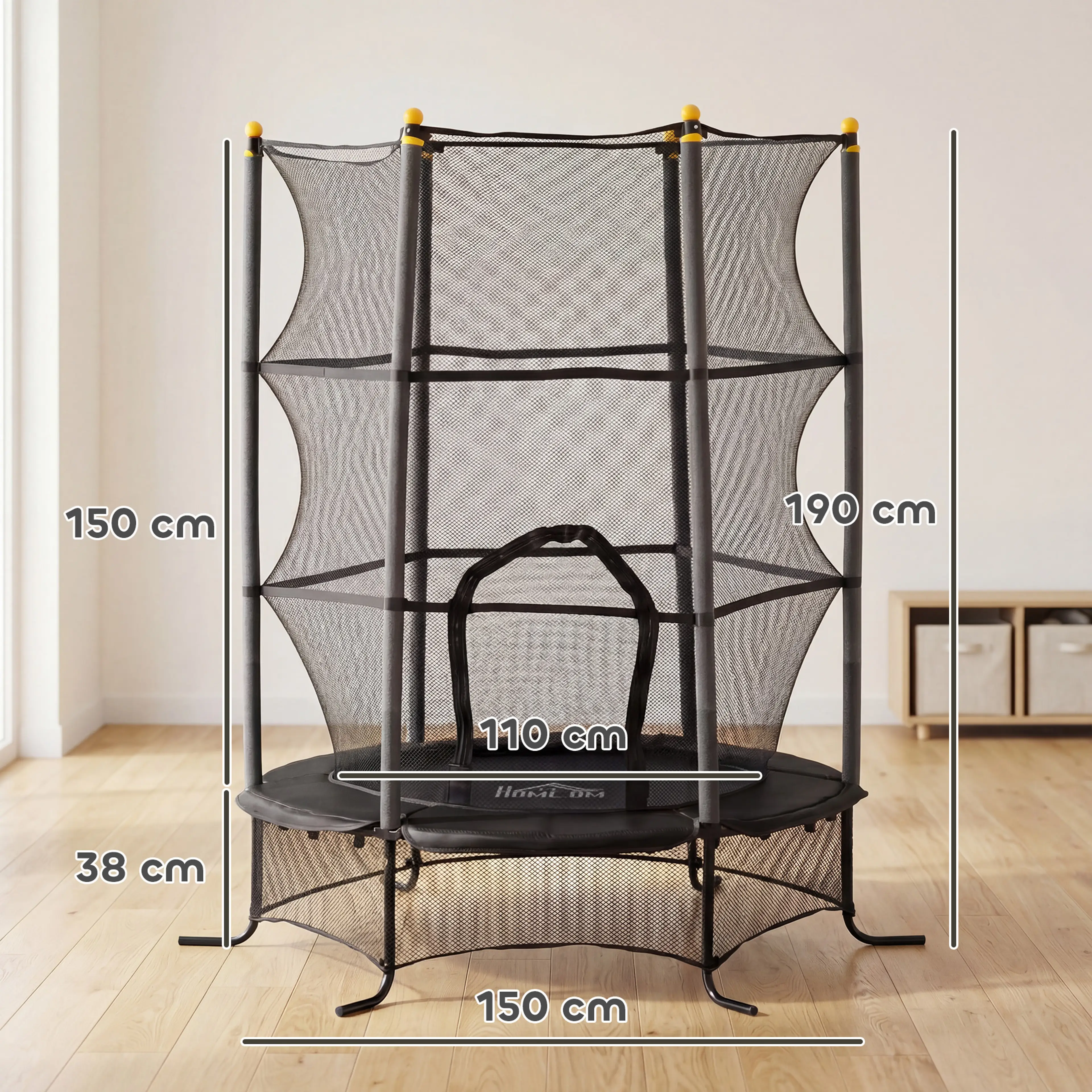 Måttskiss: skyddsnätet 150 cm, totalhöjden 190 cm och hoppytan Ø110 cm på 38 cm höjd
