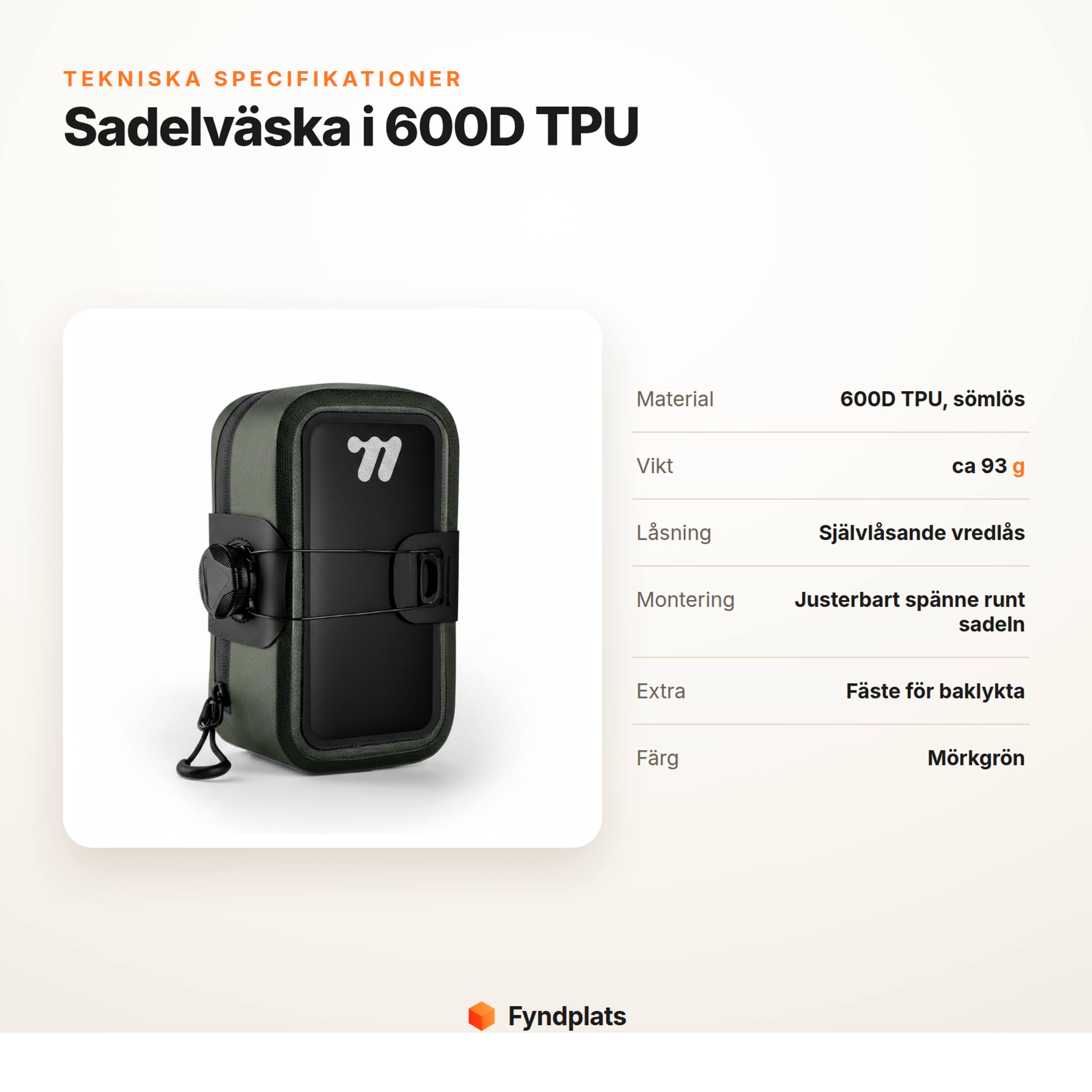 Fyndplats-kort: tekniska specifikationer för vattentät sadelväska i 600D TPU