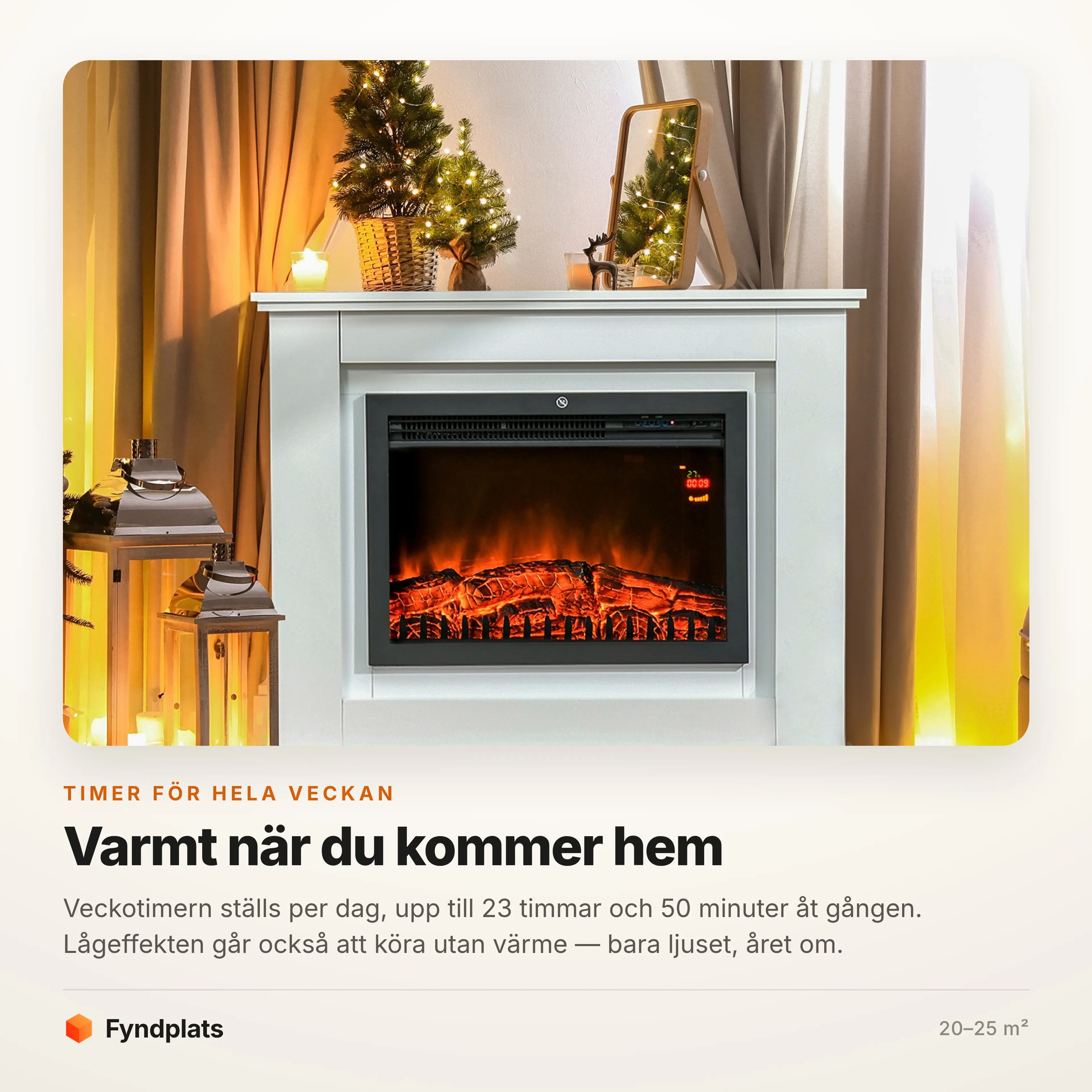 Kaminen tänd i ett rum med varm belysning