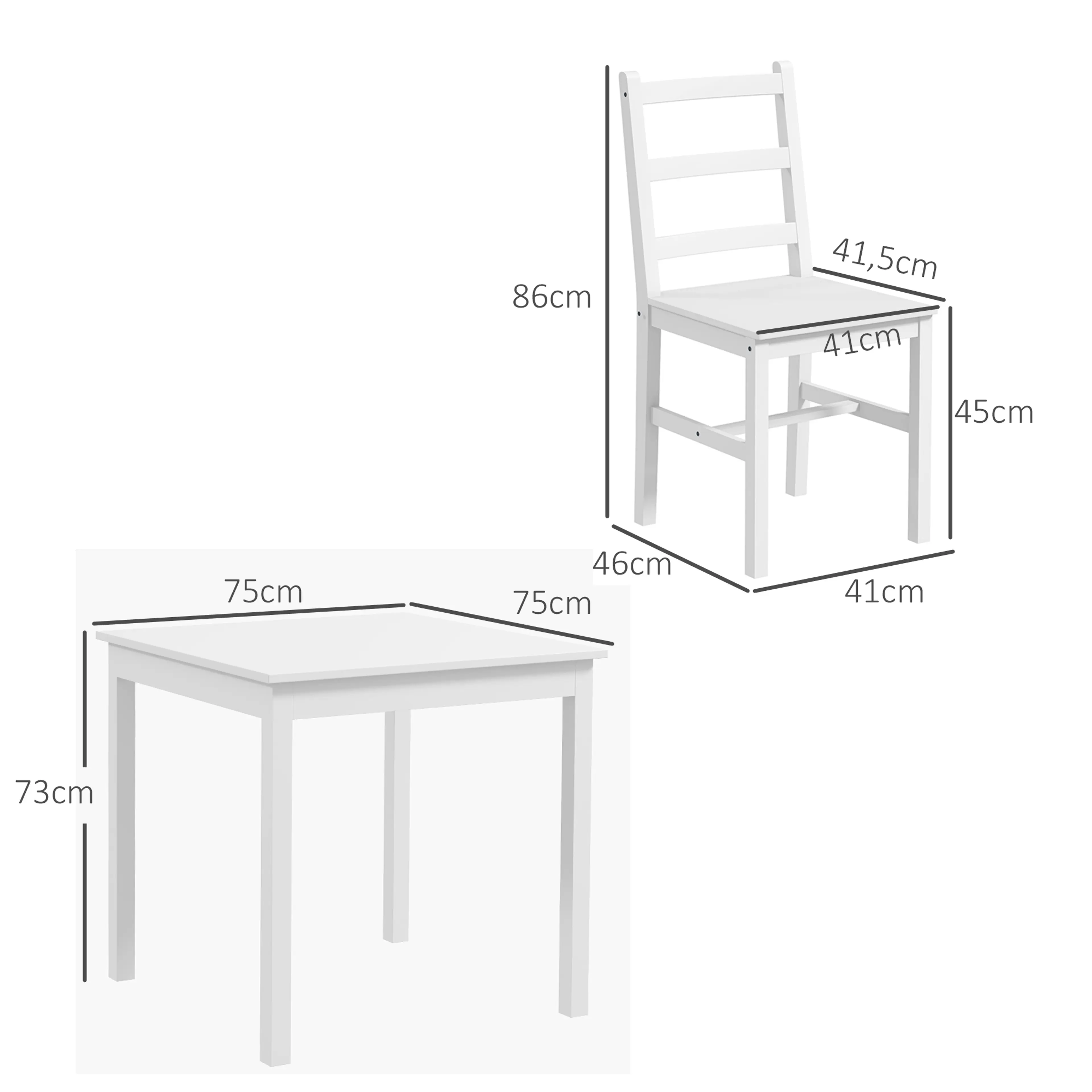 Måttbild på matgruppen, bordet 75 × 75 cm och stolen 41 × 46 × 86 cm