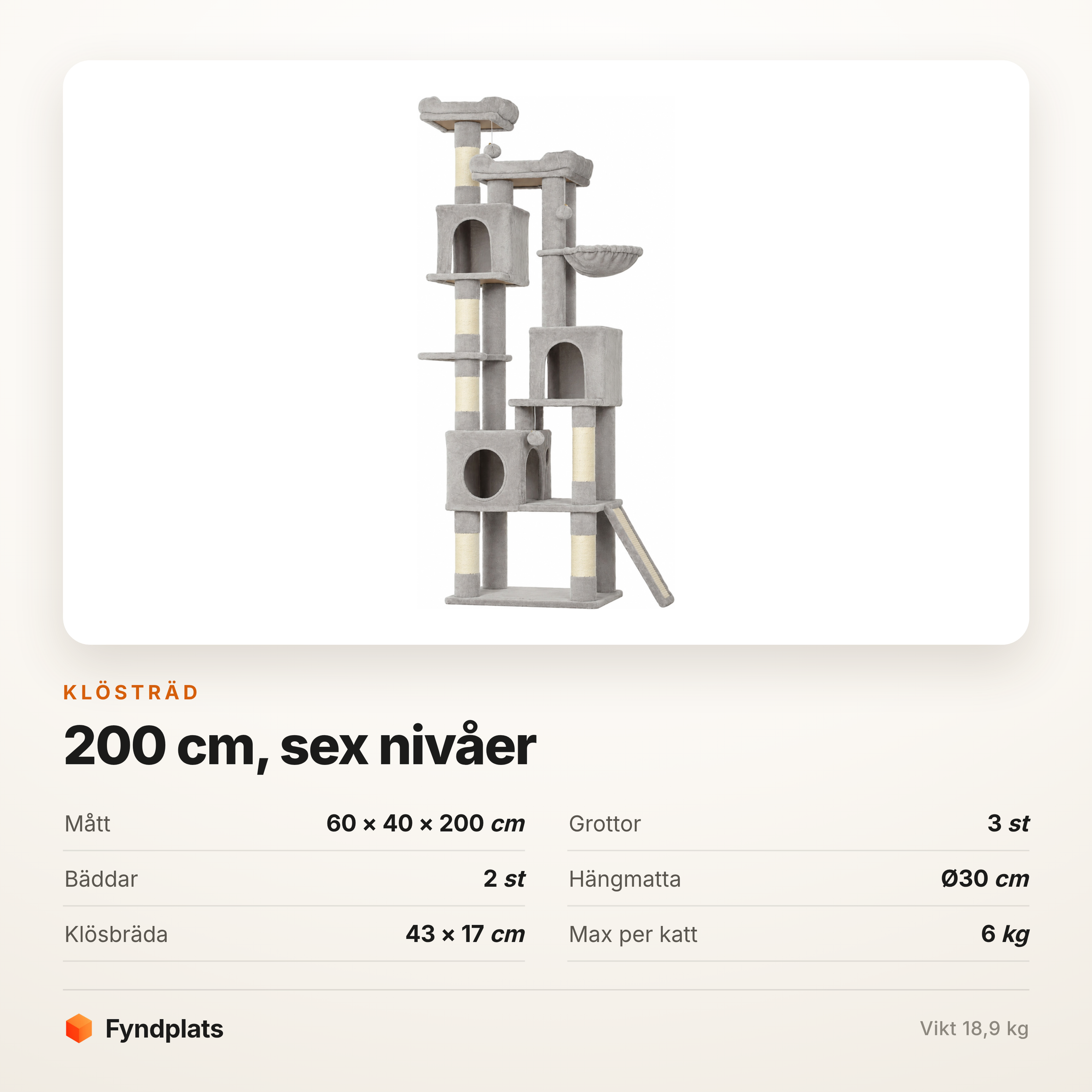 Klösträd 200 cm med sex nivåer – tre grottor, två bäddar och hängmatta – bild 5