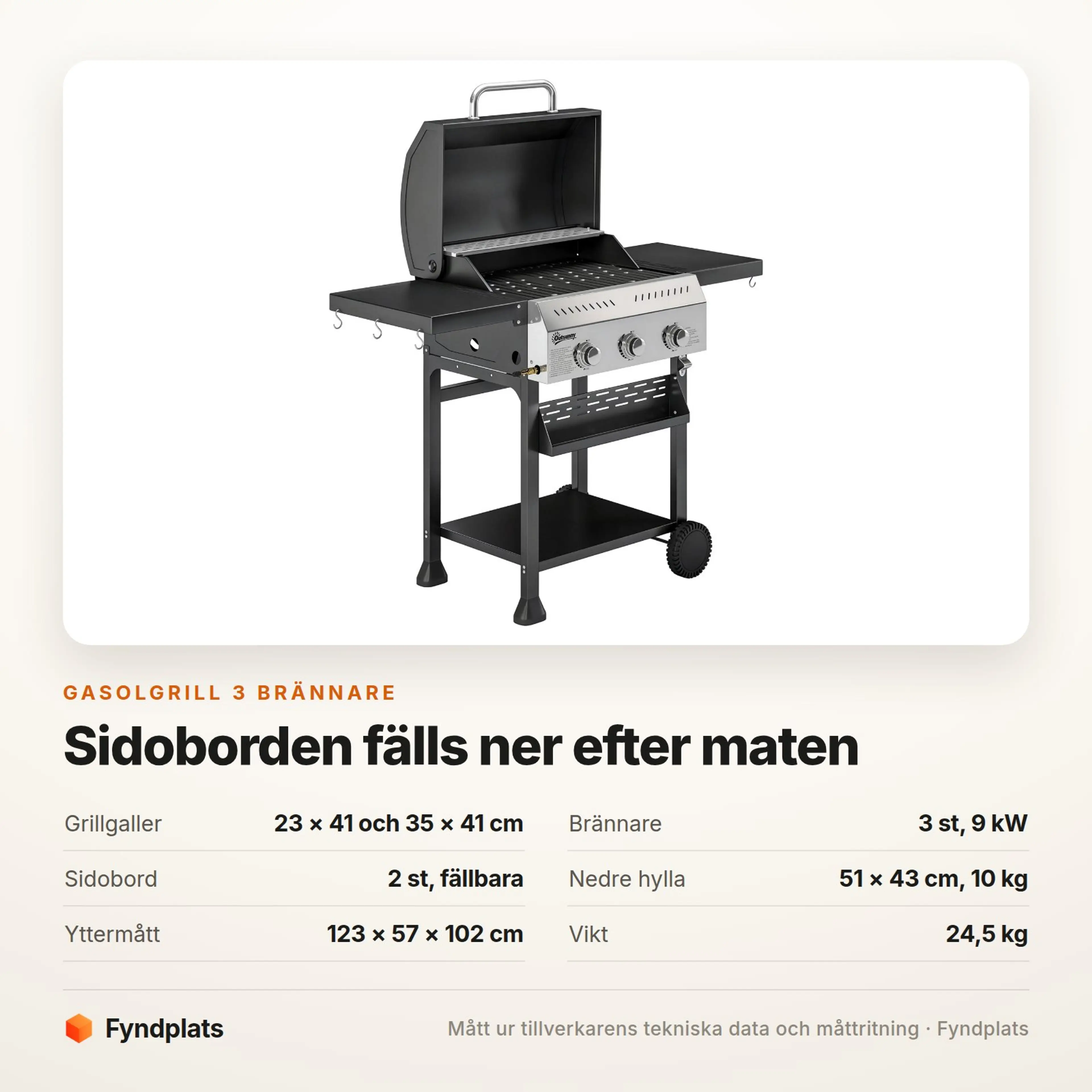 Spec-kort: två galler 23 × 41 och 35 × 41 cm, tre brännare på sammanlagt 9 kW