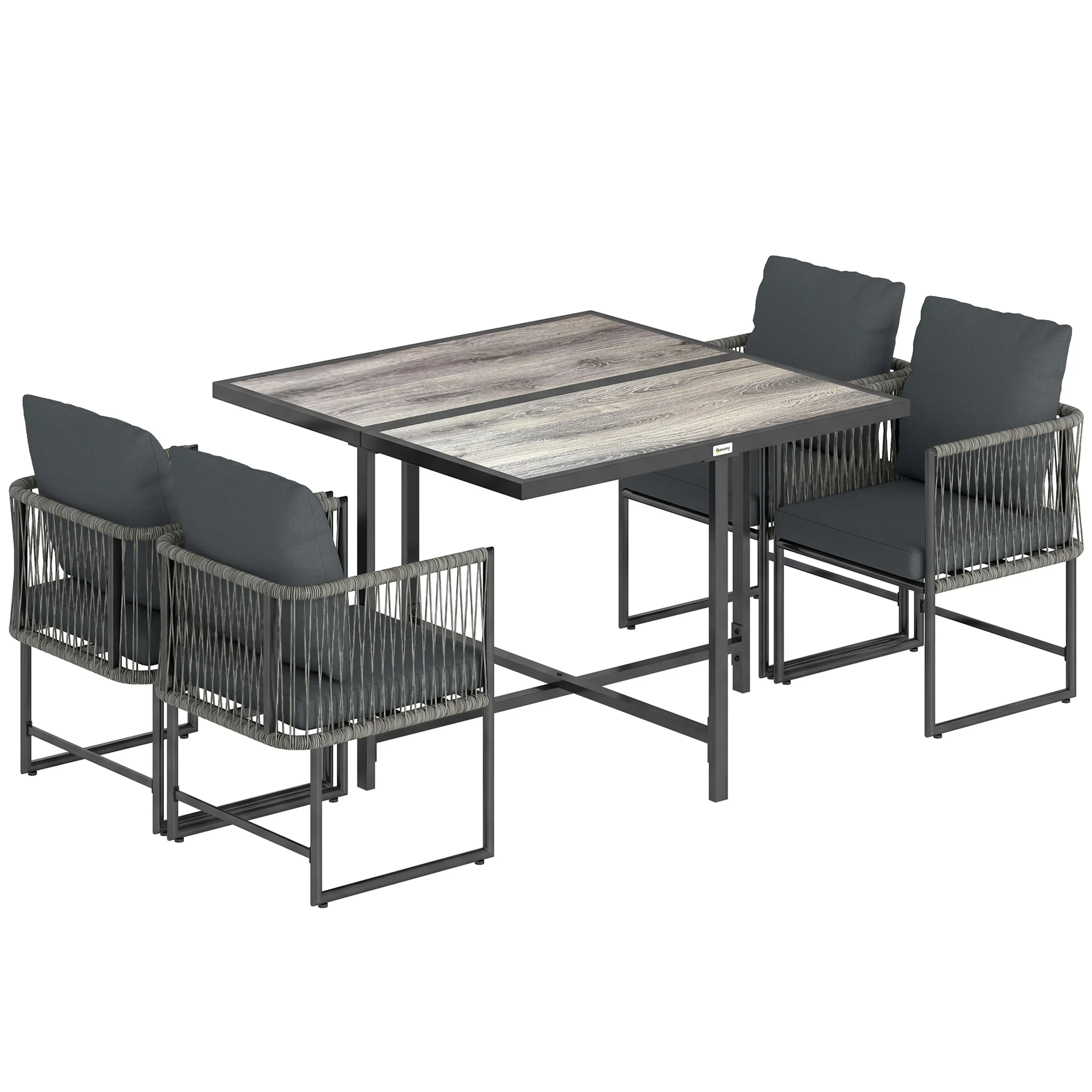 Platsbesparande matgrupp med bord och fyra stolar – bord 108 × 108 × 72,5 cm