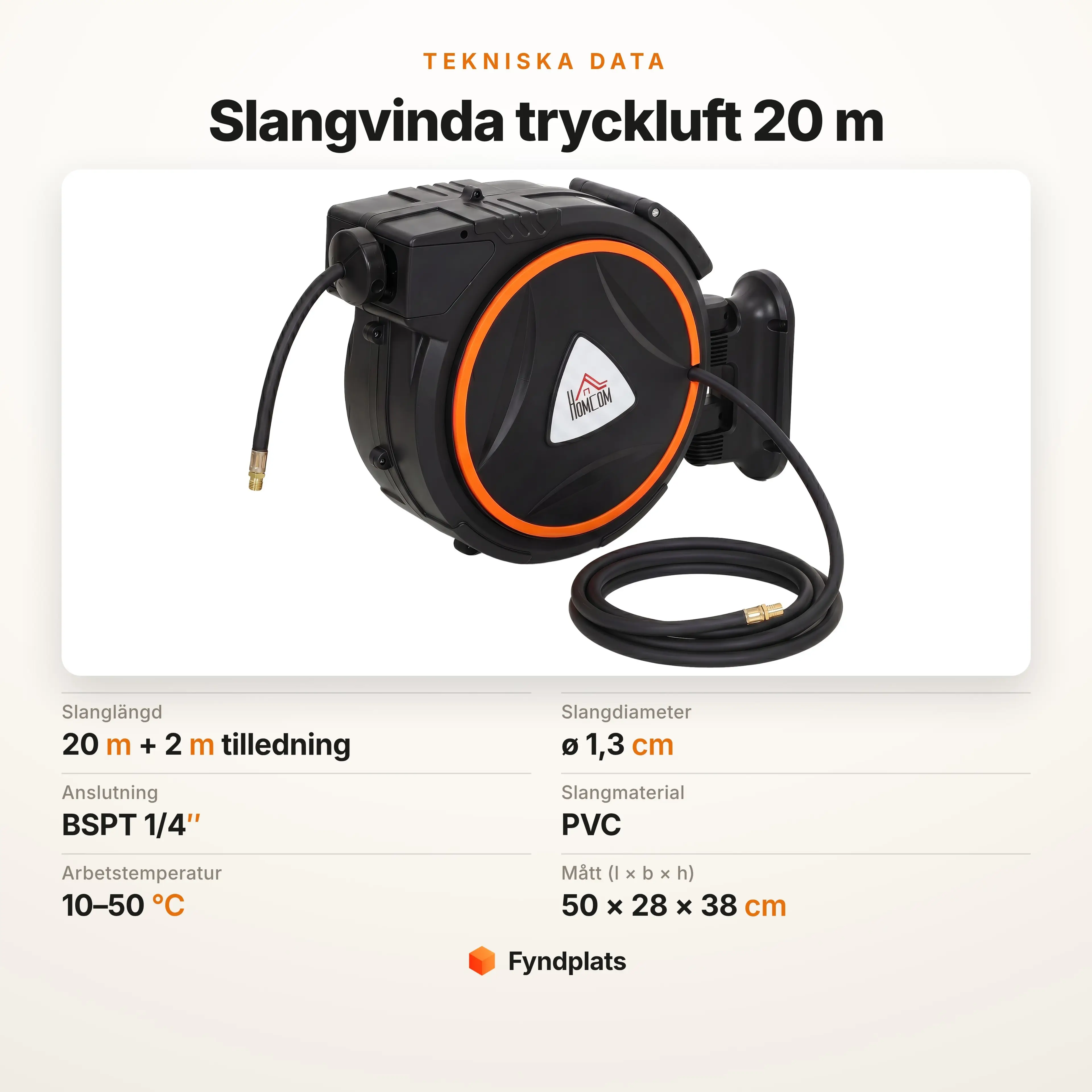 Tekniska data för slangvindan: 20 m slang, ø 1,3 cm, BSPT 1/4 tum, PVC och mått 50 × 28 × 38 cm