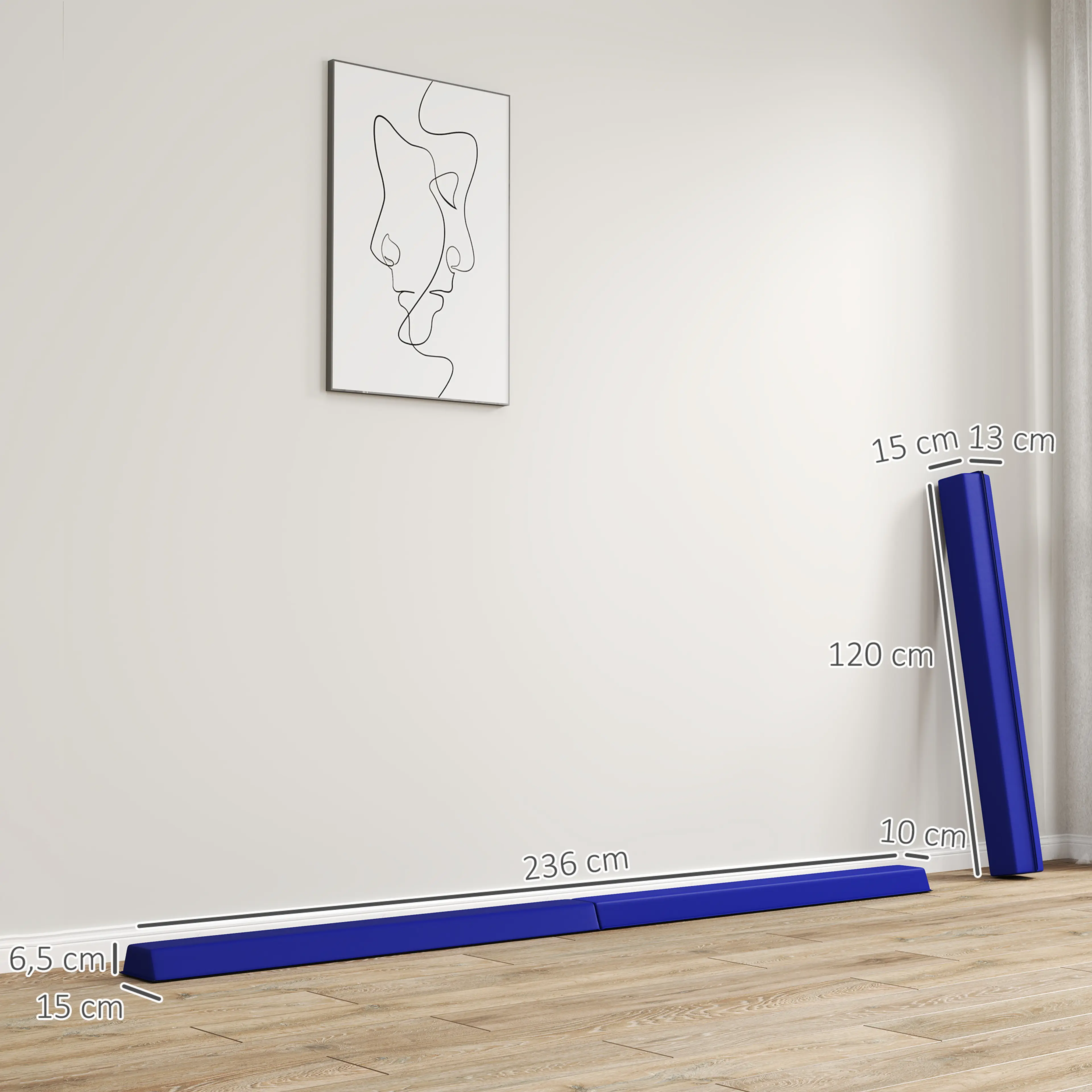 Måttbild som visar bommen 236 cm lång och 6,5 cm hög, och hopvikt 120 × 15 × 13 cm