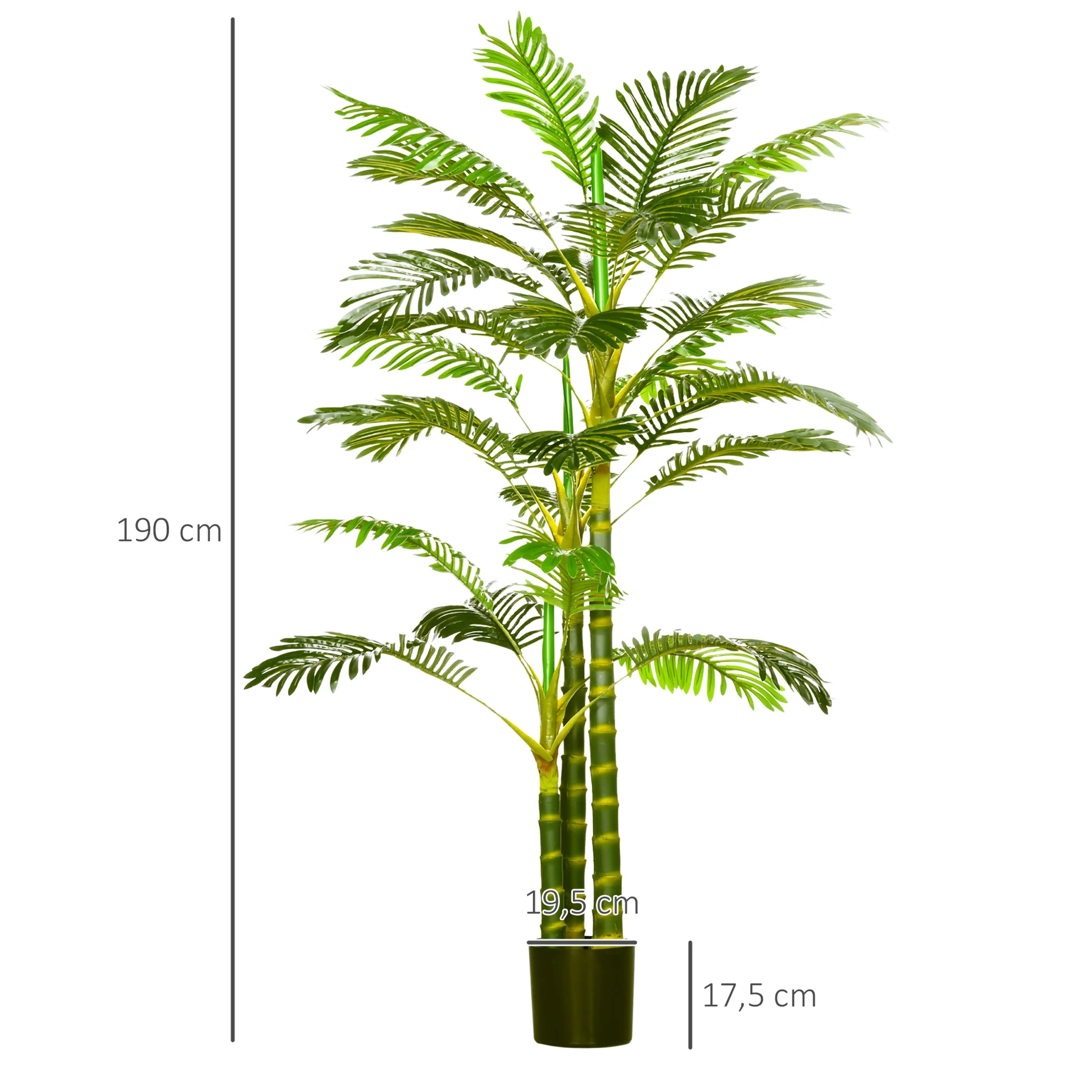 Måttskiss med höjd 190 cm och kruka 19,5 × 17,5 cm