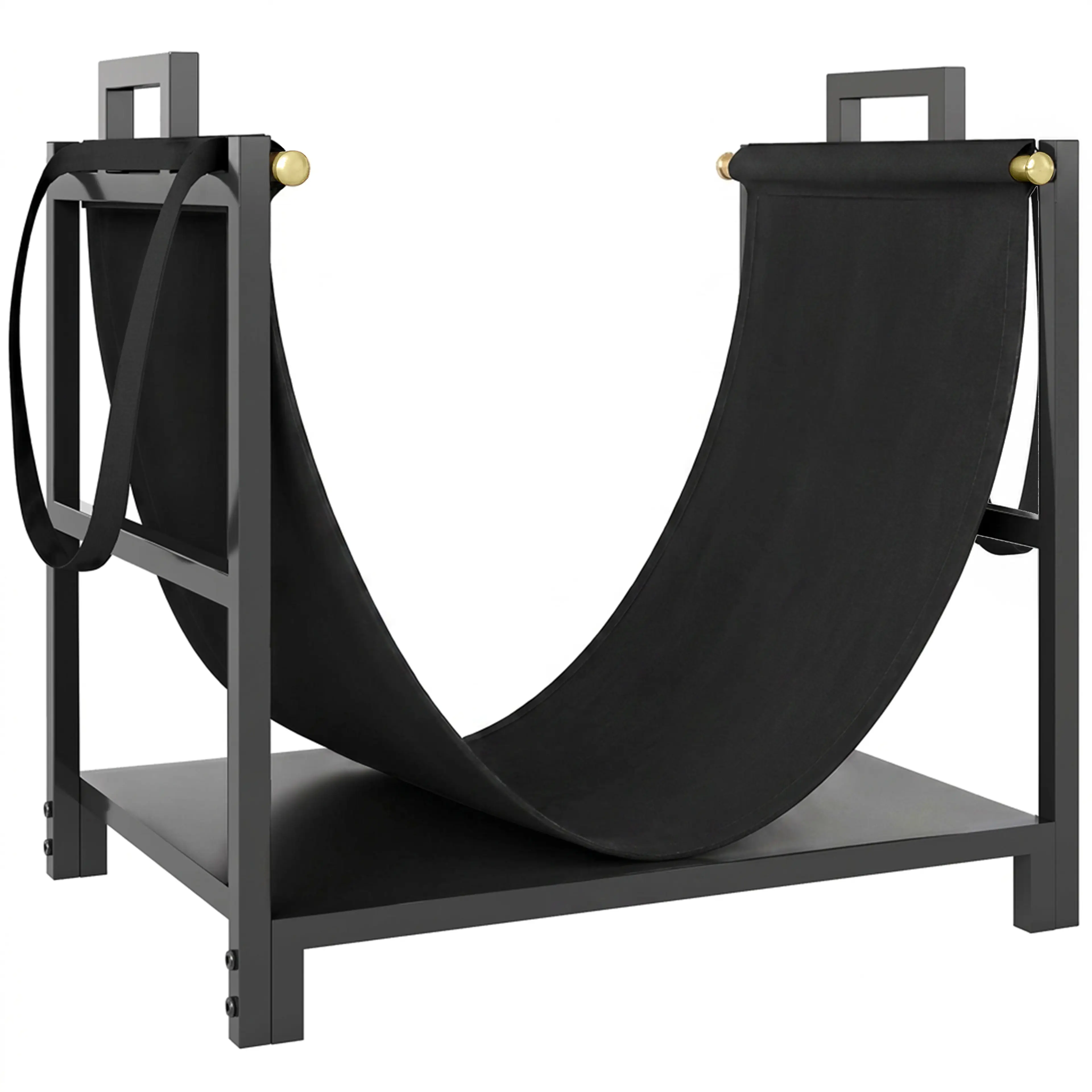 Svart vedställ med vedbärare i canvas upphängd i ramen