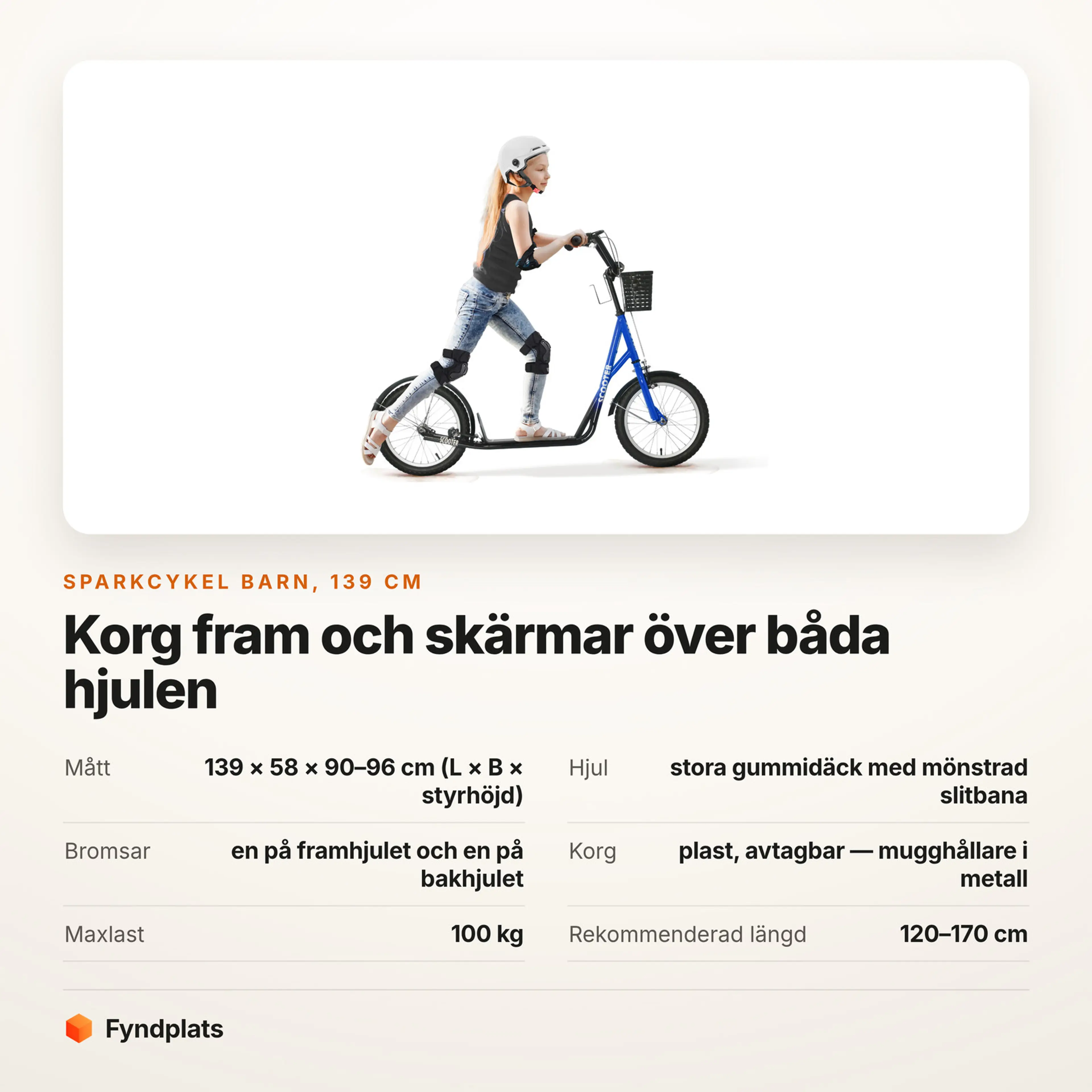 Faktakort för blå sparkcykel med korg: 139 cm lång och maxlast 100 kg