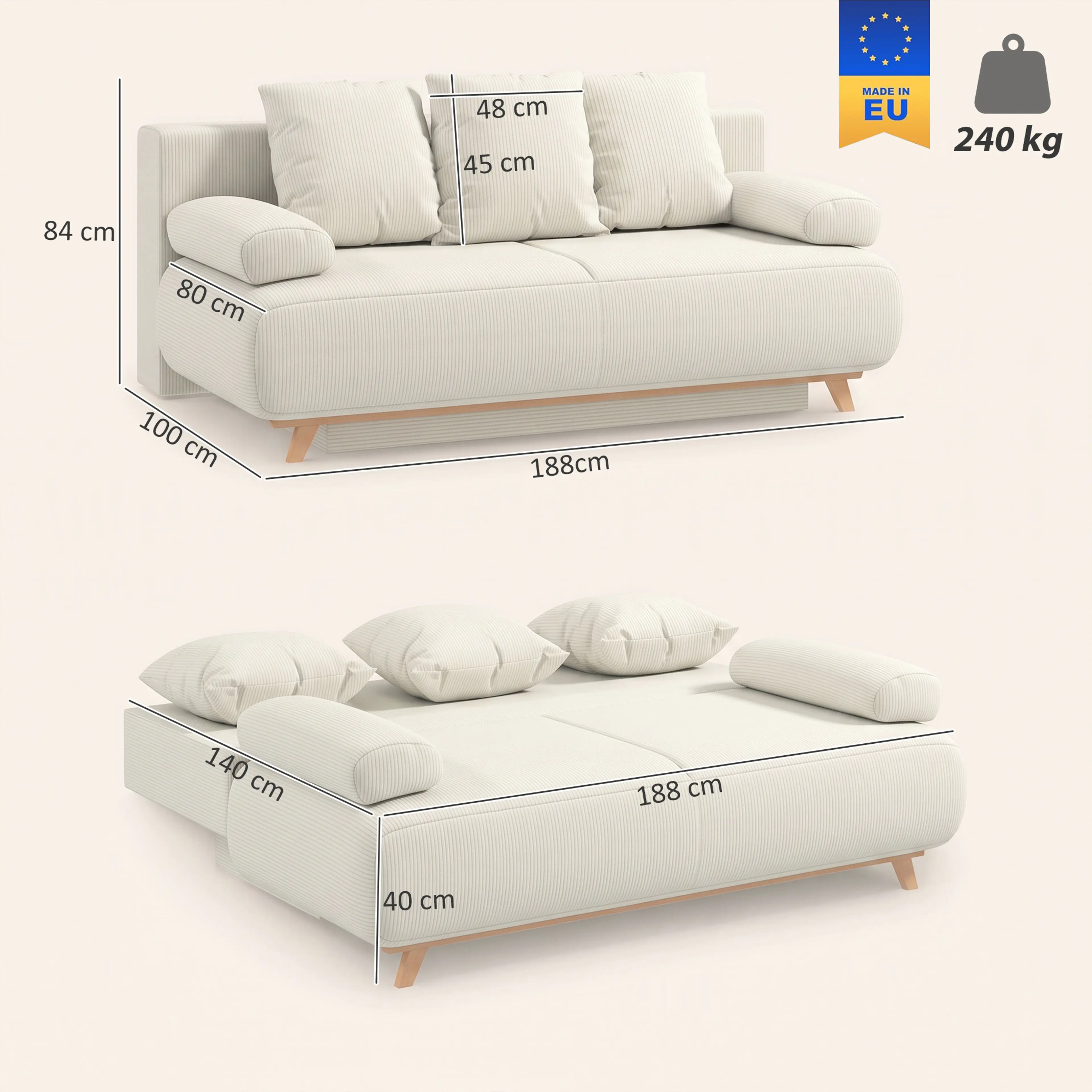 Måttritning: soffa 188 × 100 × 84 cm och bädd 188 × 140 cm