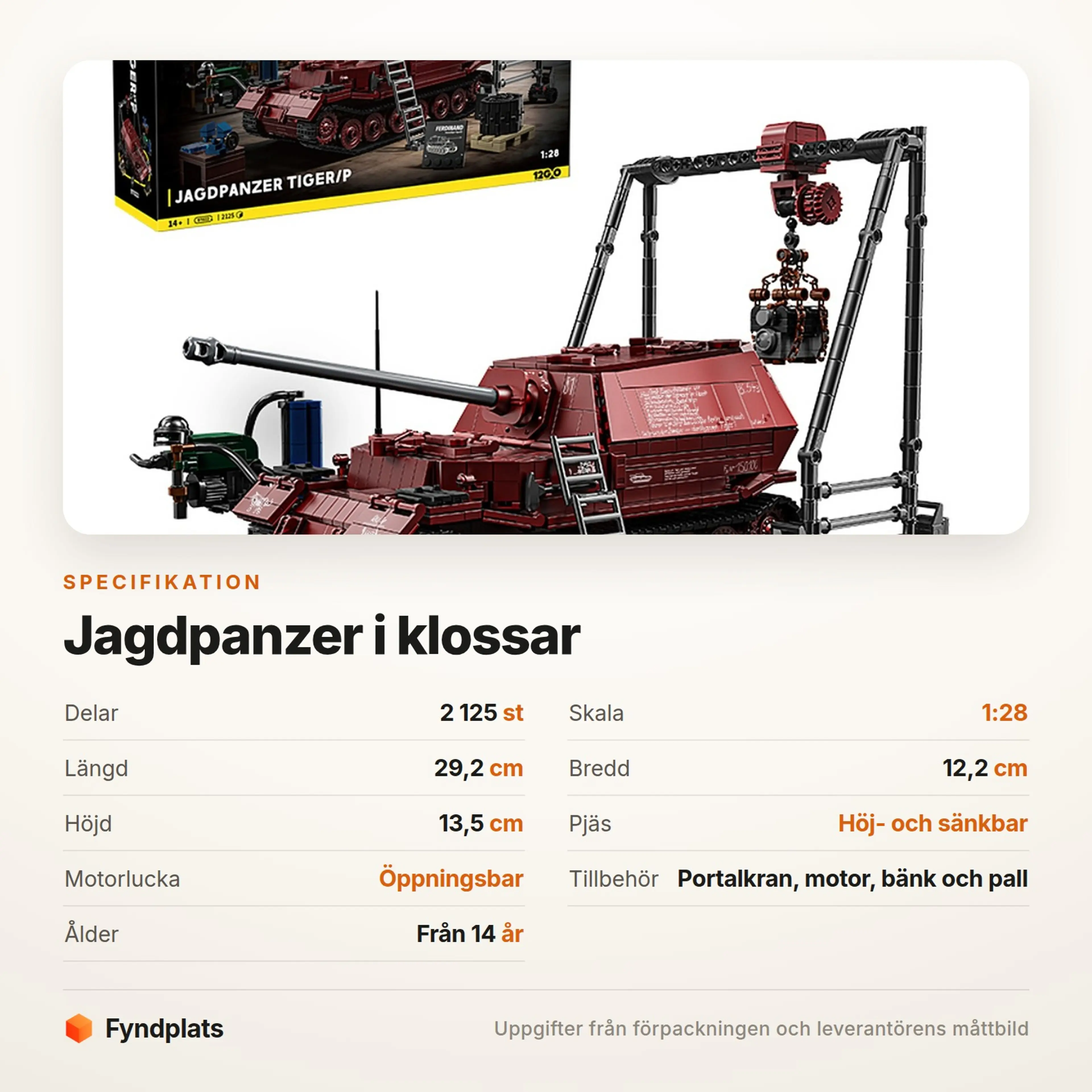 Fyndplats-kort med specifikationer: 2 125 delar, skala 1:28, 29,2 cm lång och verkstadstillbehör