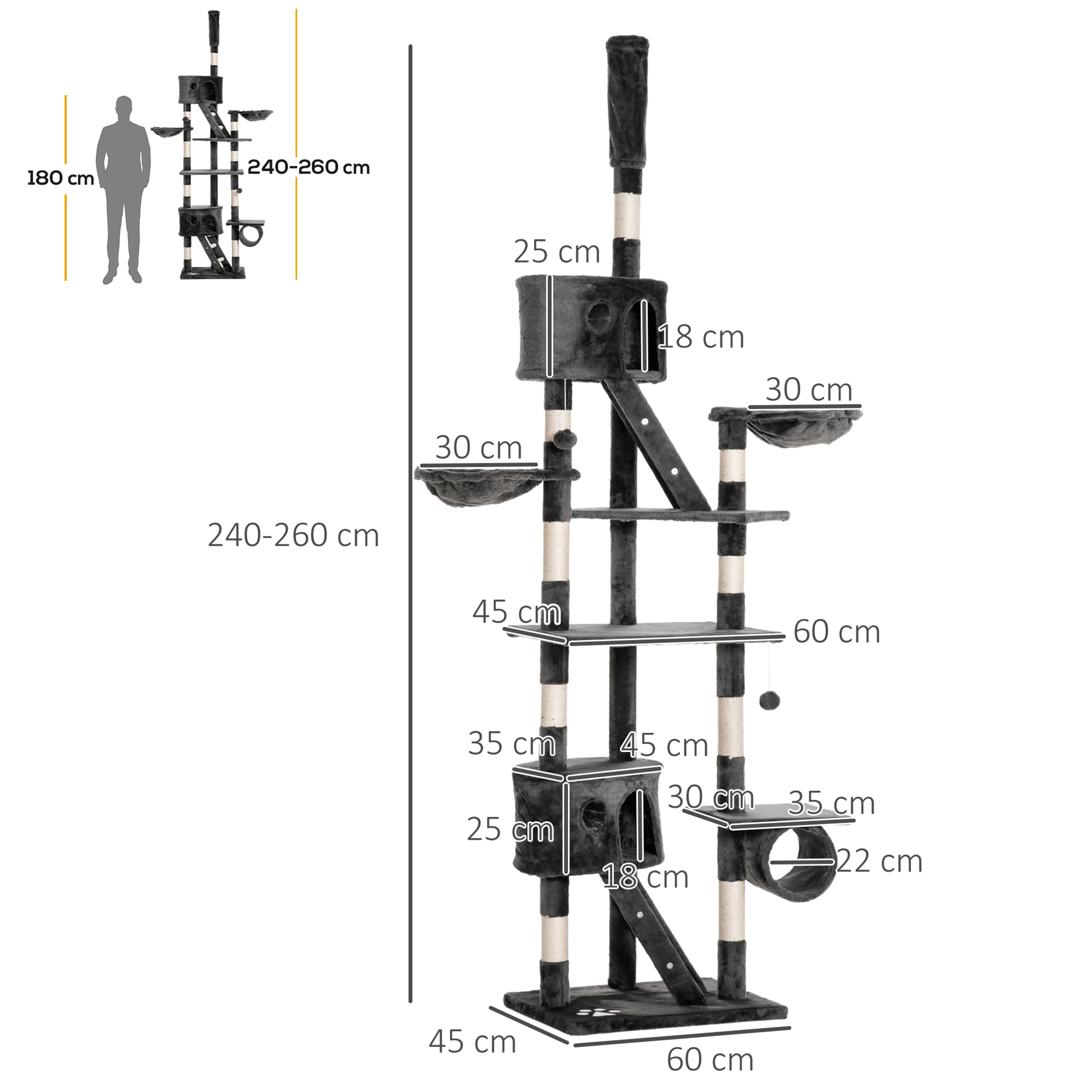 Måttskiss: 60 × 45 cm golvyta och 240–260 cm höjd, jämförd med en person på 180 cm