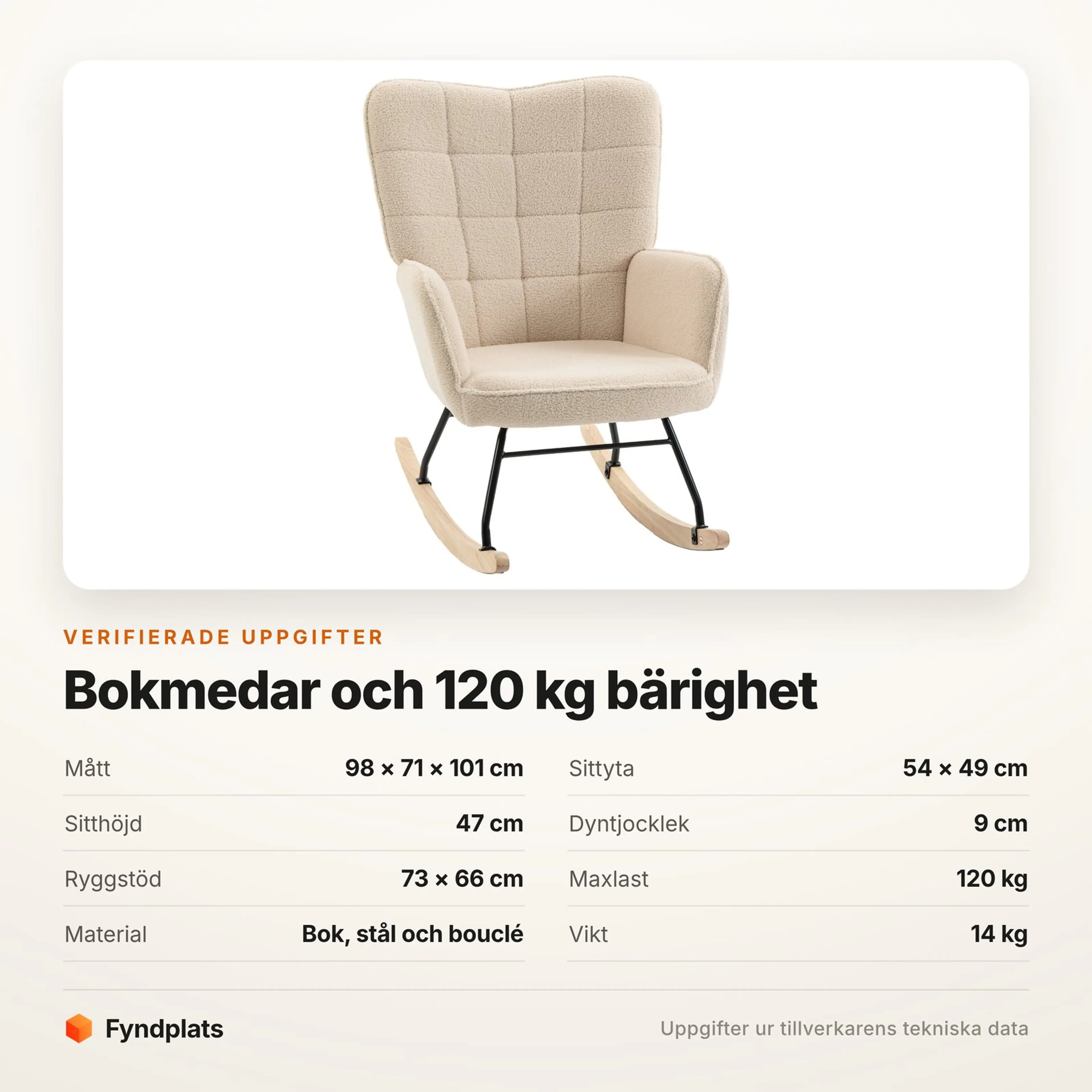 Specifikationer för gungstolen: 98 × 71 × 101 cm, sitthöjd 47 cm och maxlast 120 kg