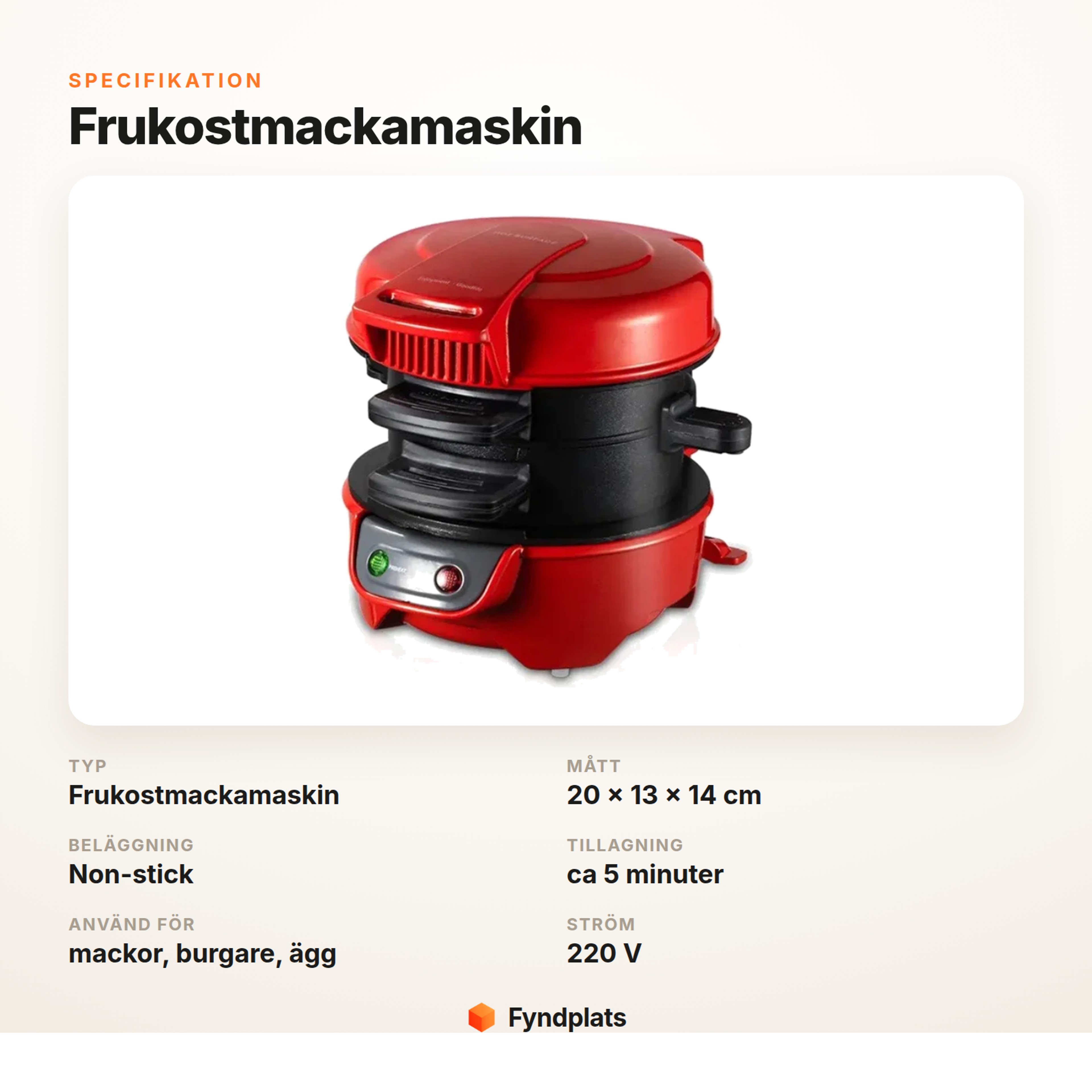 Specifikation för frukostmackamaskin – mått, non-stick och tillagningstid