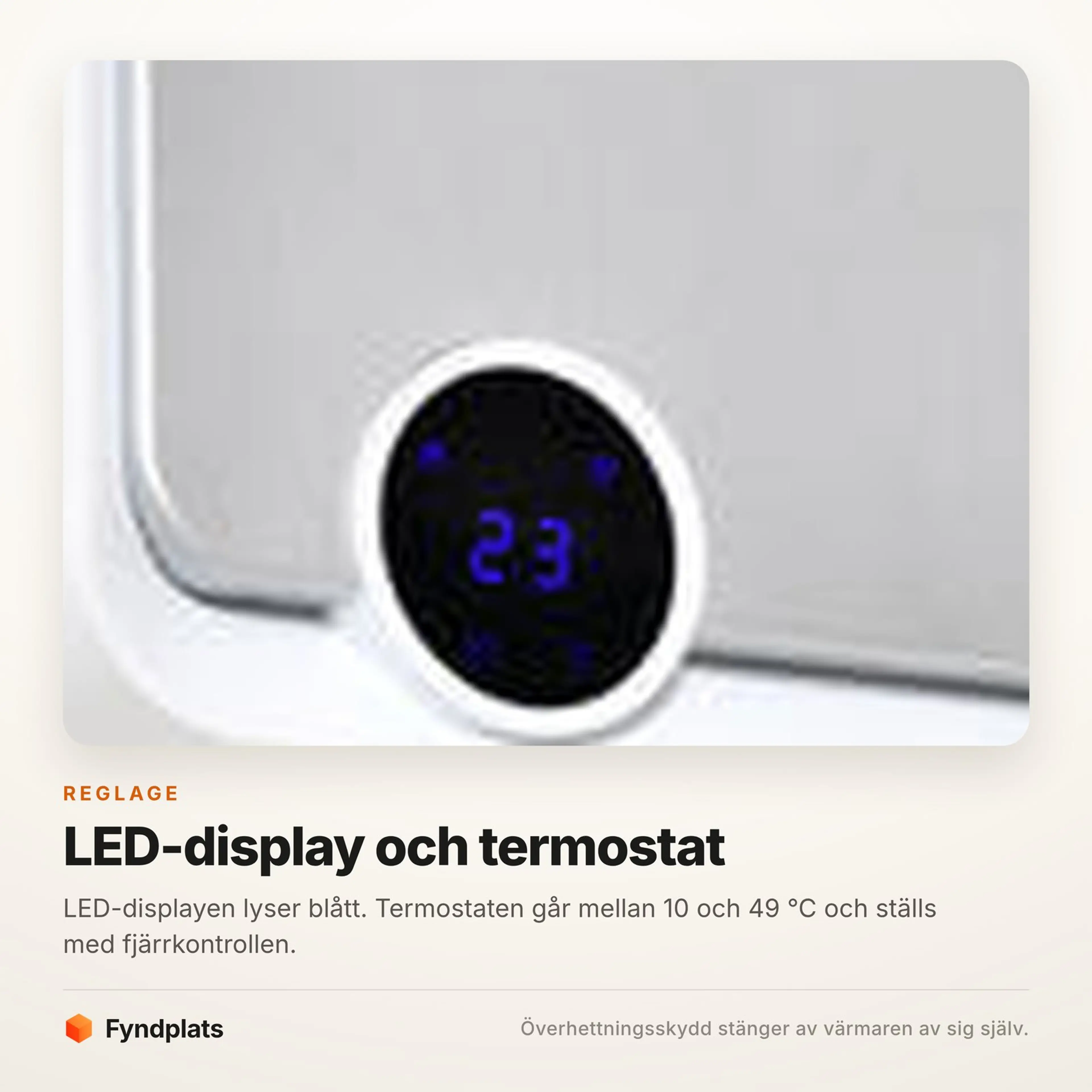 Närbild på den runda LED-displayen som visar 23 grader