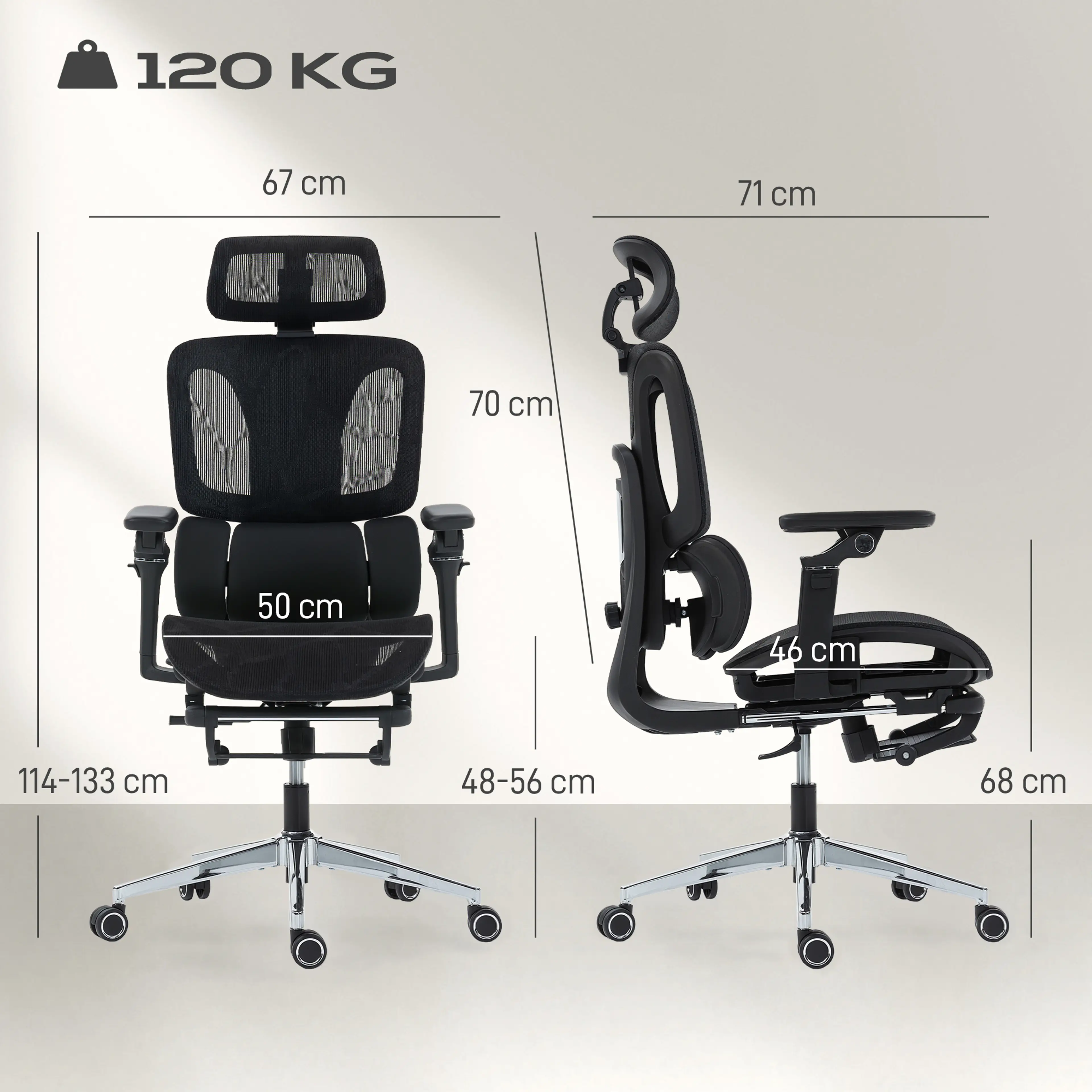 Måttskiss: 67 cm bred, 71 cm djup och 114–133 cm hög