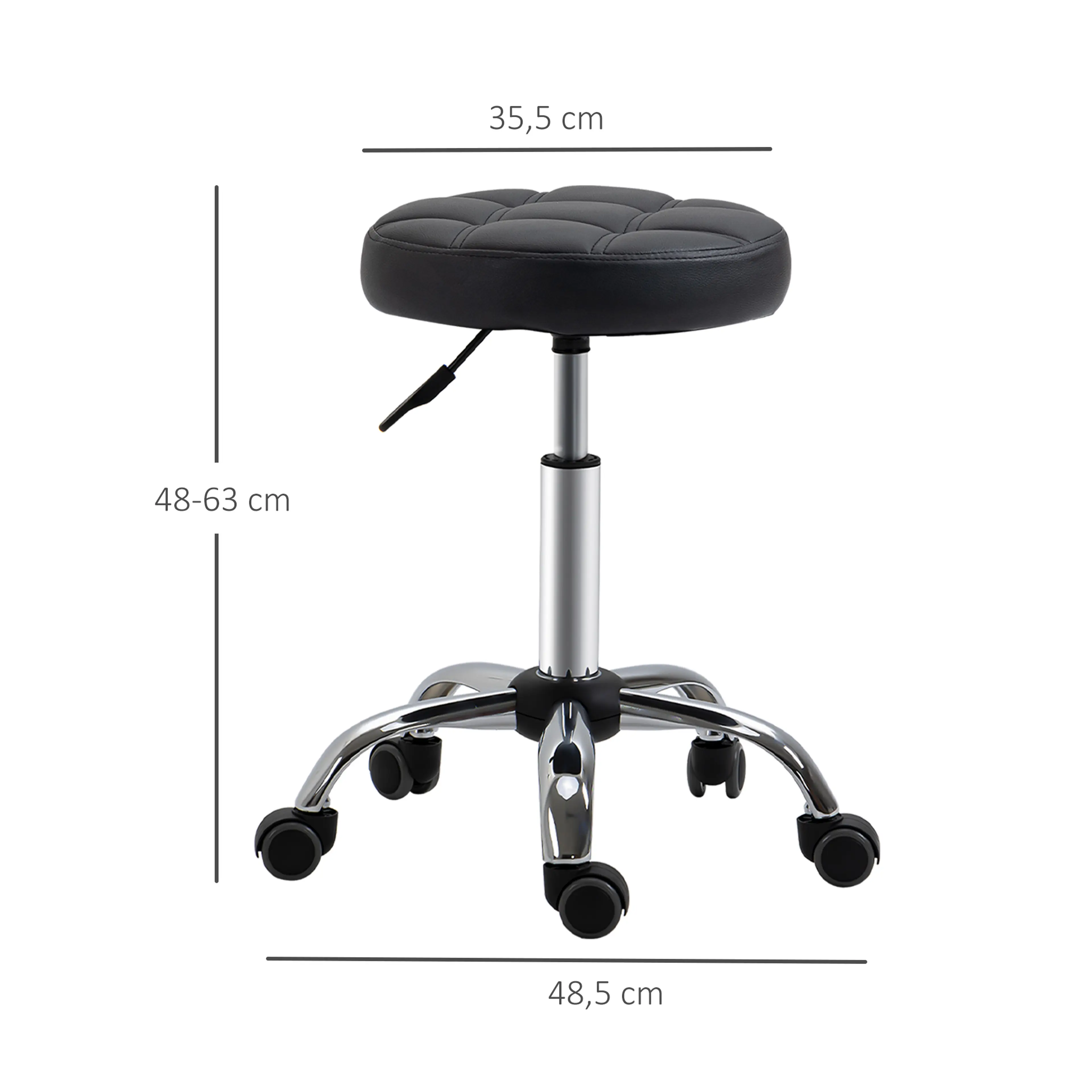 Måttskiss: sitsen är 35,5 cm i diameter, höjden 48 till 63 cm