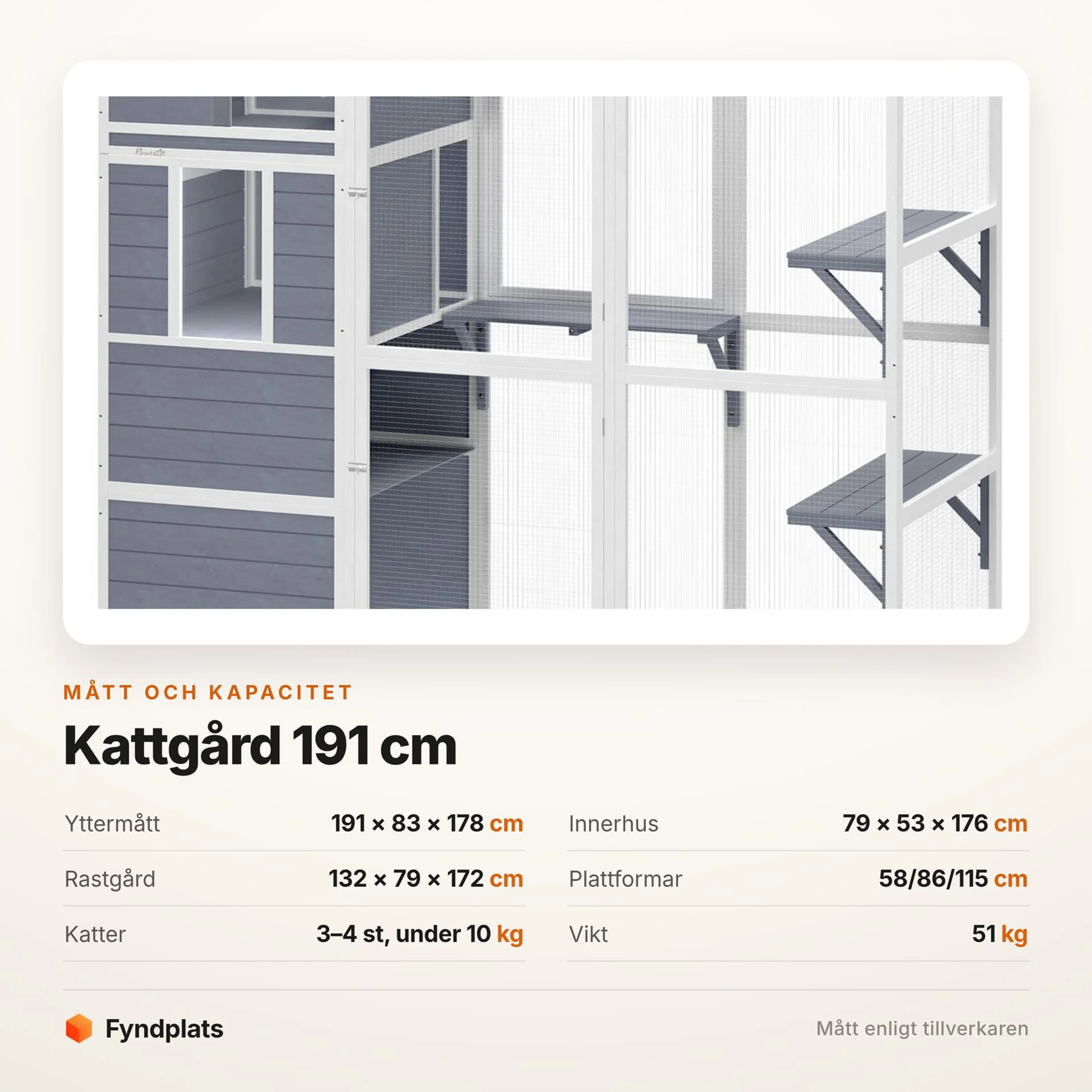 Specifikationskort: kattgård 191 × 83 × 178 cm med rastgård och plattformar på 58/86/115 cm