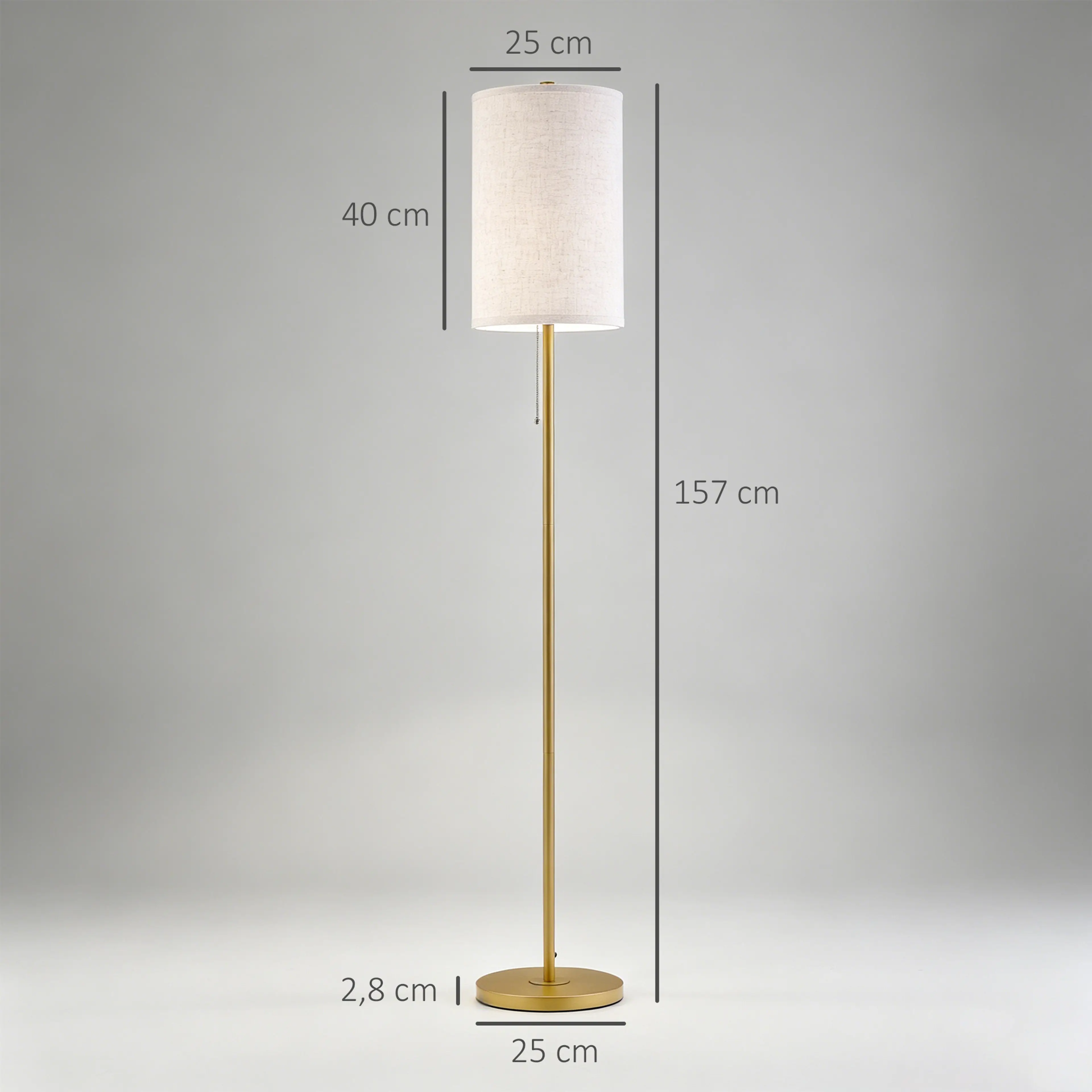 Måttritning med skärmens 25 cm bredd, 40 cm höjd och lampans 157 cm