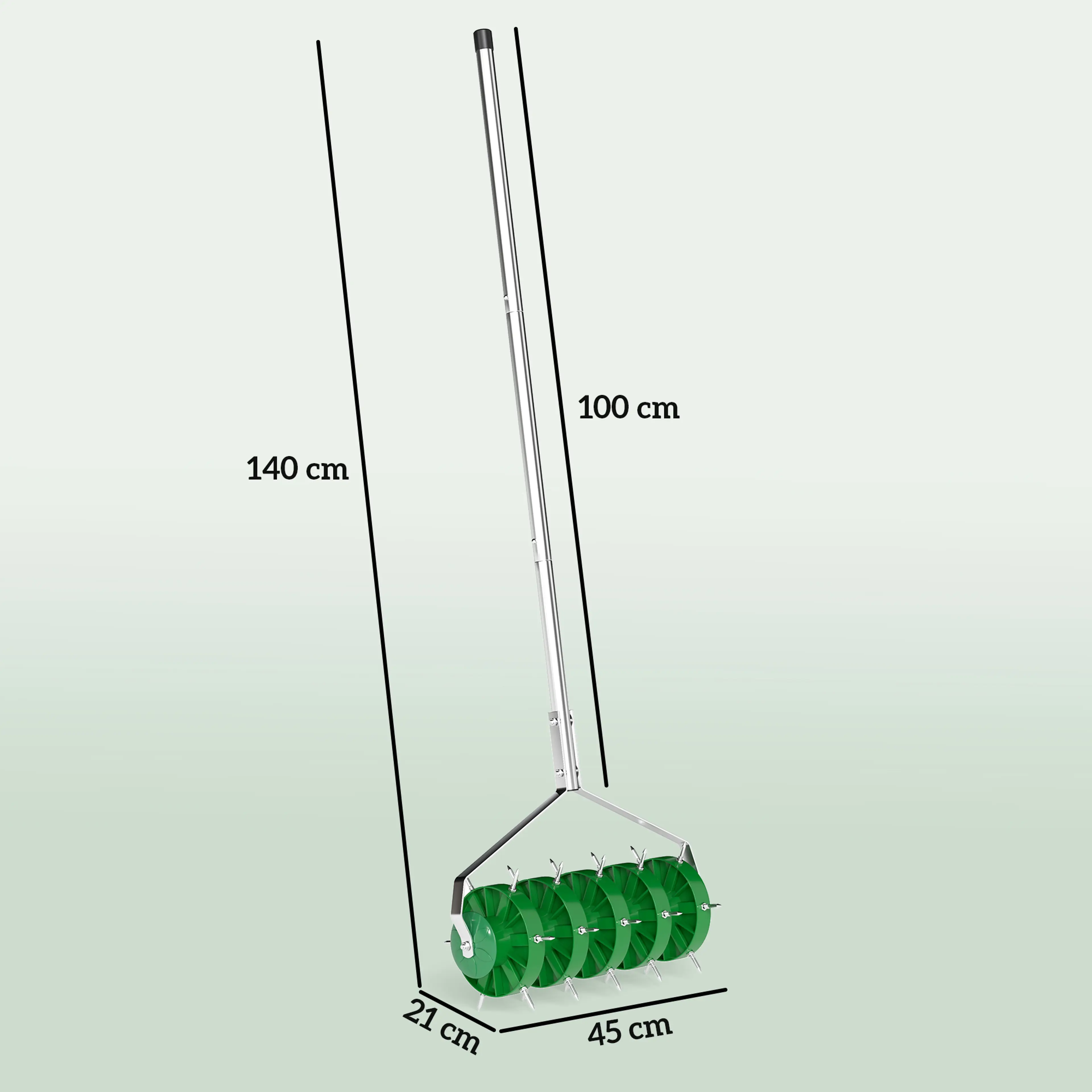 Måttbild: luftaren är 45 cm bred och 140 cm hög, med skaft på 100 cm