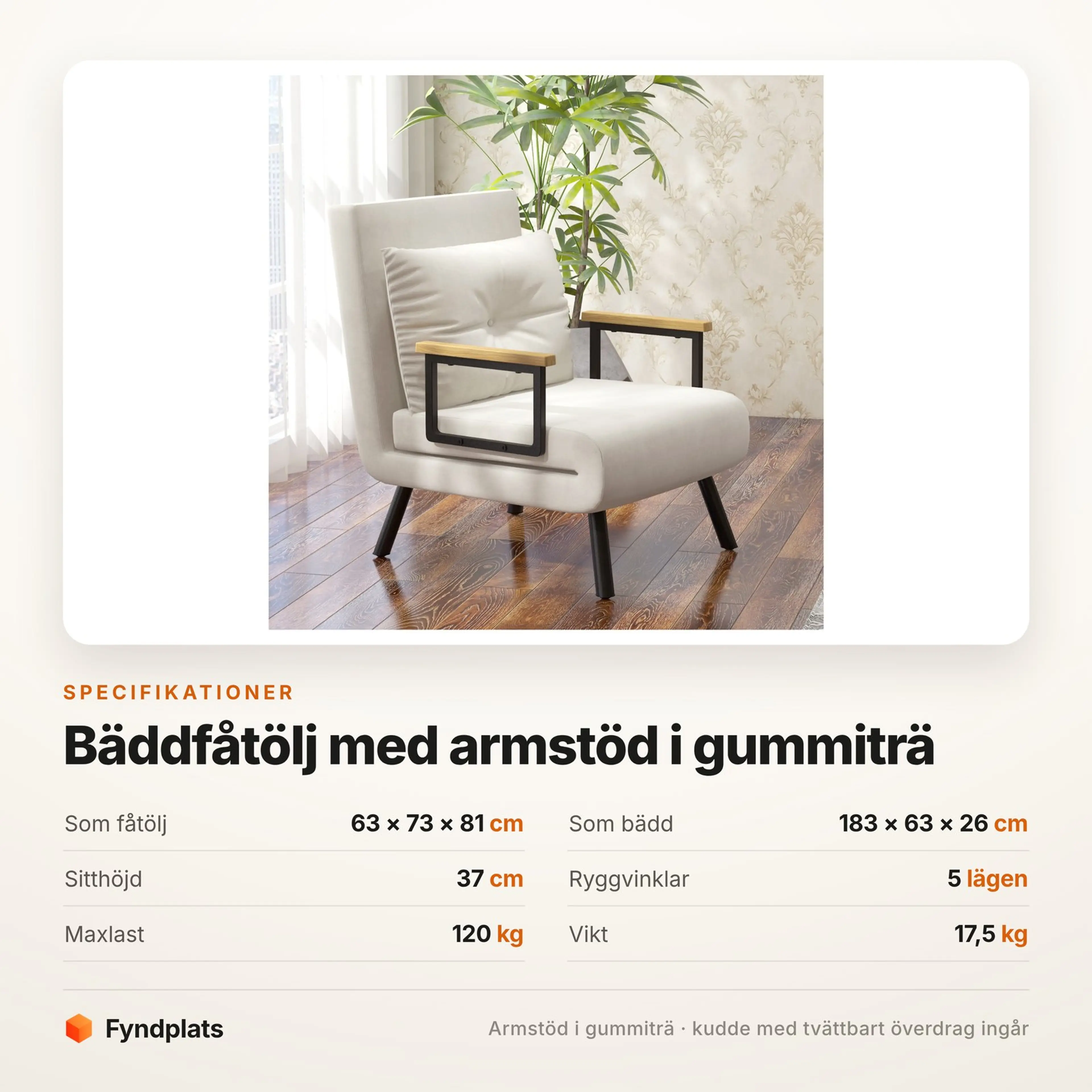 Bäddfåtölj med armstöd i gummiträ, 183 cm bädd, gräddvit – bild 4