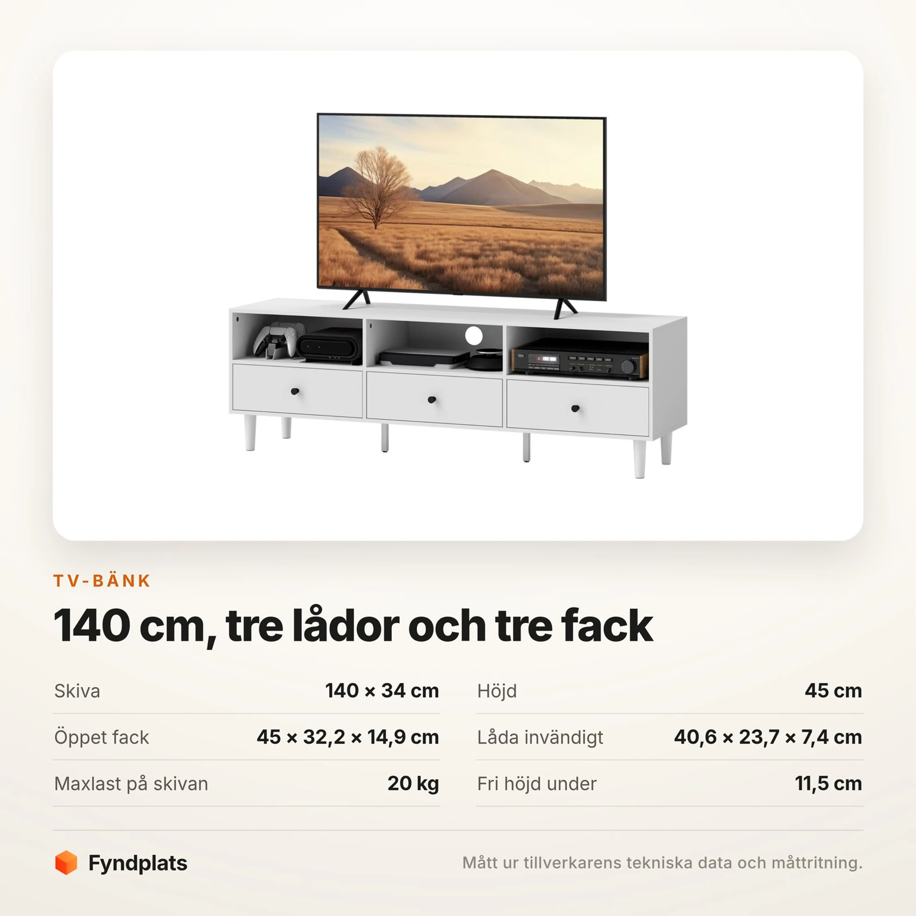 Specifikationskort för TV-bänken med skivmått, fackmått, lådmått och maxlast
