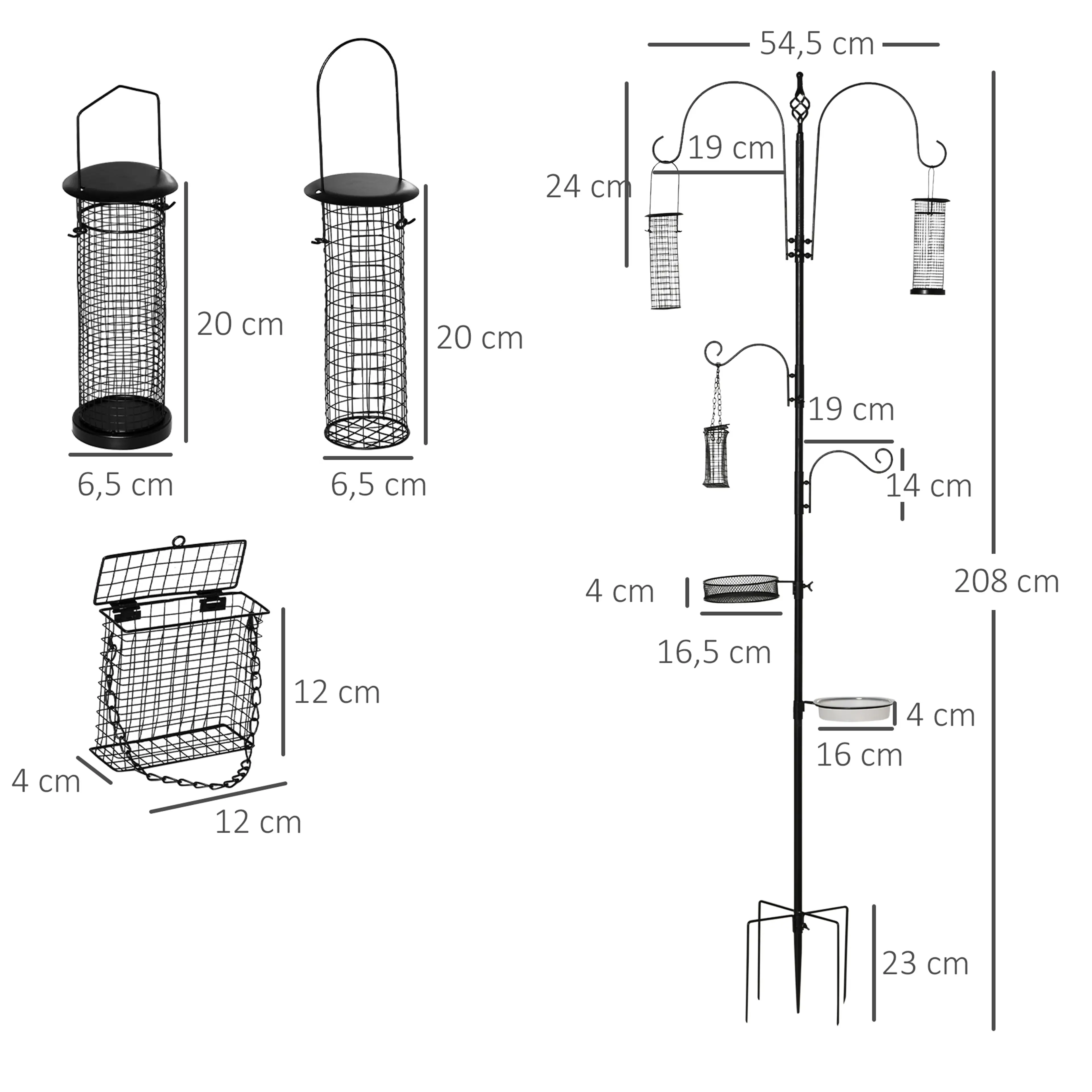 Måttbild som visar stationen 208 cm hög och 54,5 cm bred med matarnas mått