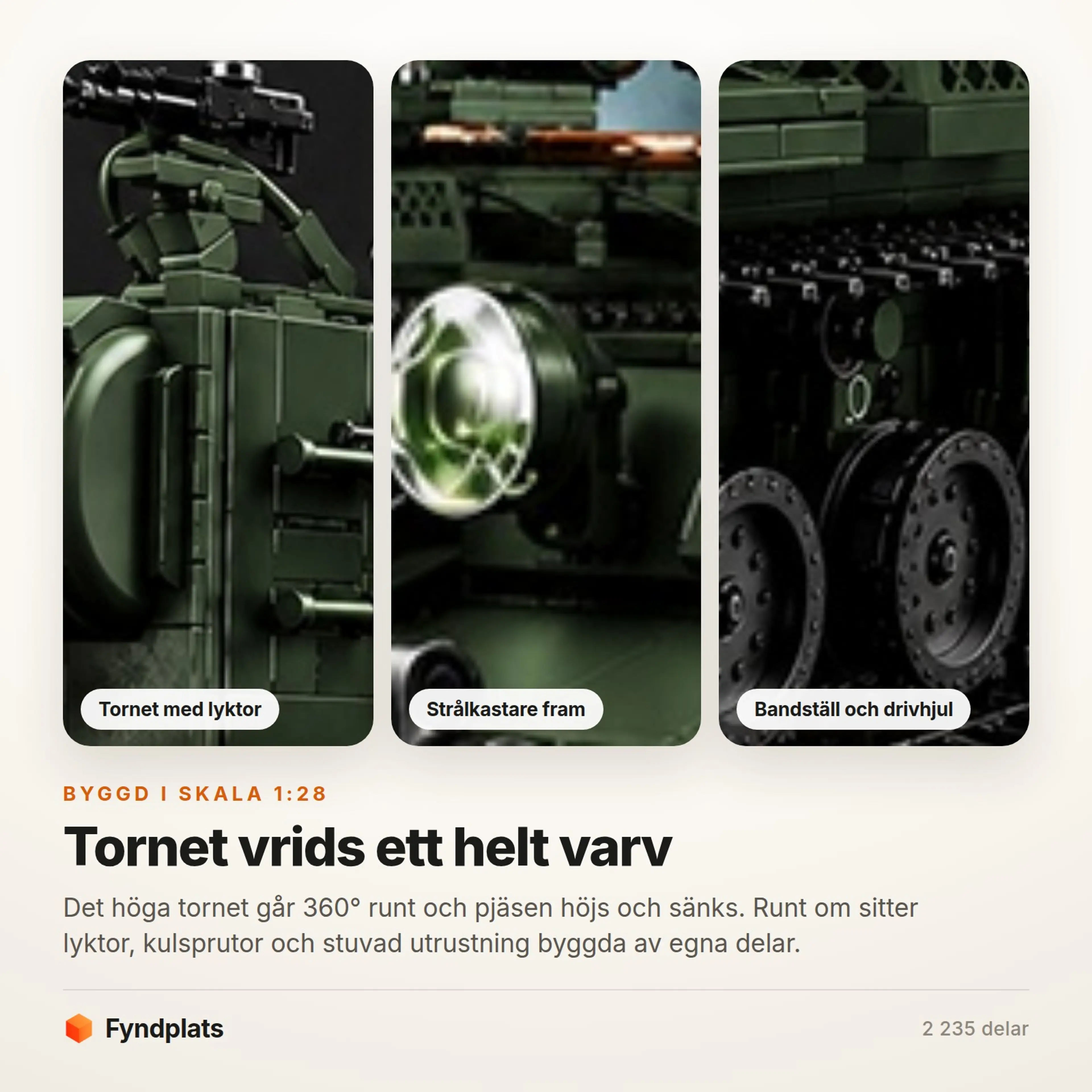 Fyndplats-kort: närbilder på tornet med lyktor, strålkastaren fram och bandstället med drivhjul
