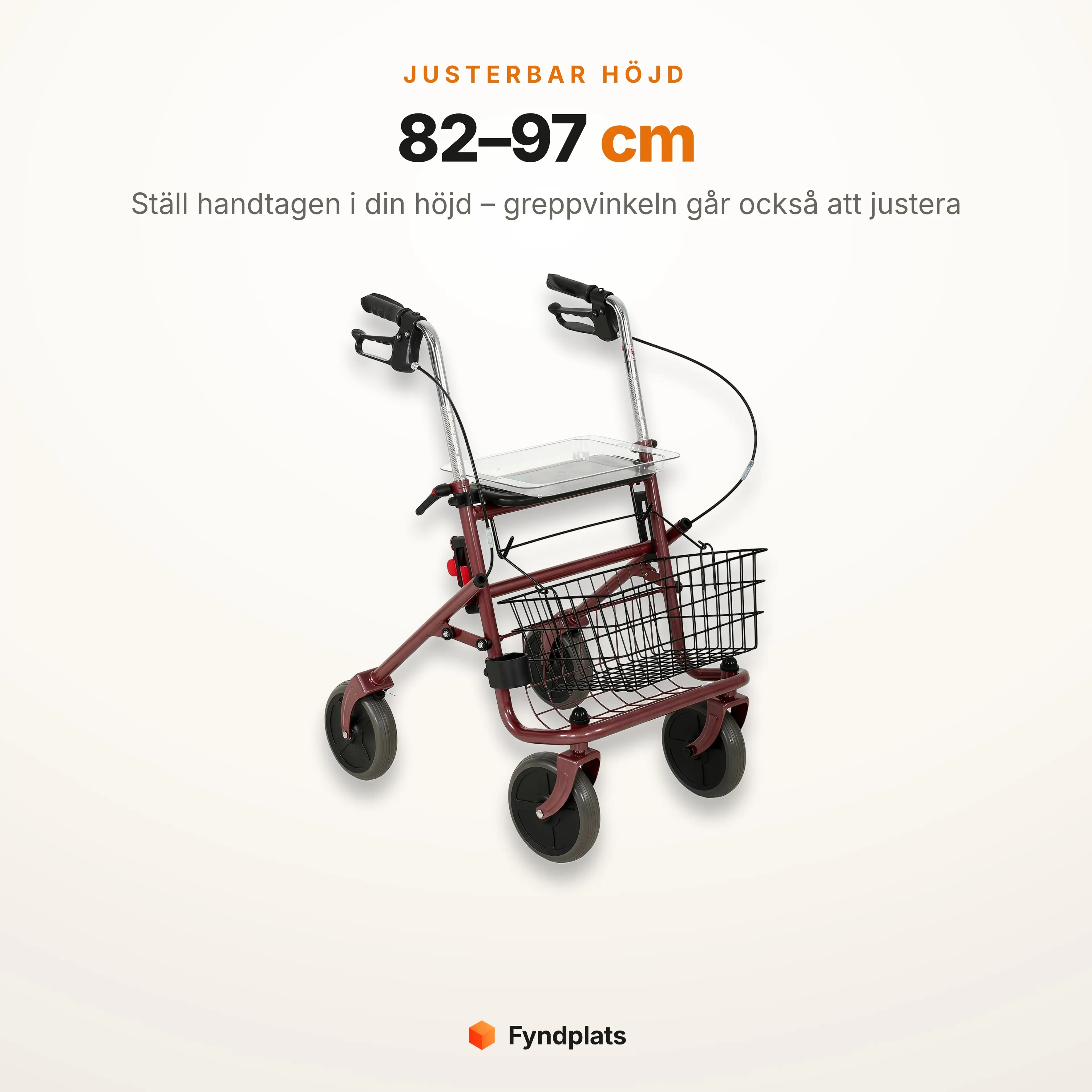 Rollator med sits vars handtagshöjd justeras mellan 82 och 97 cm