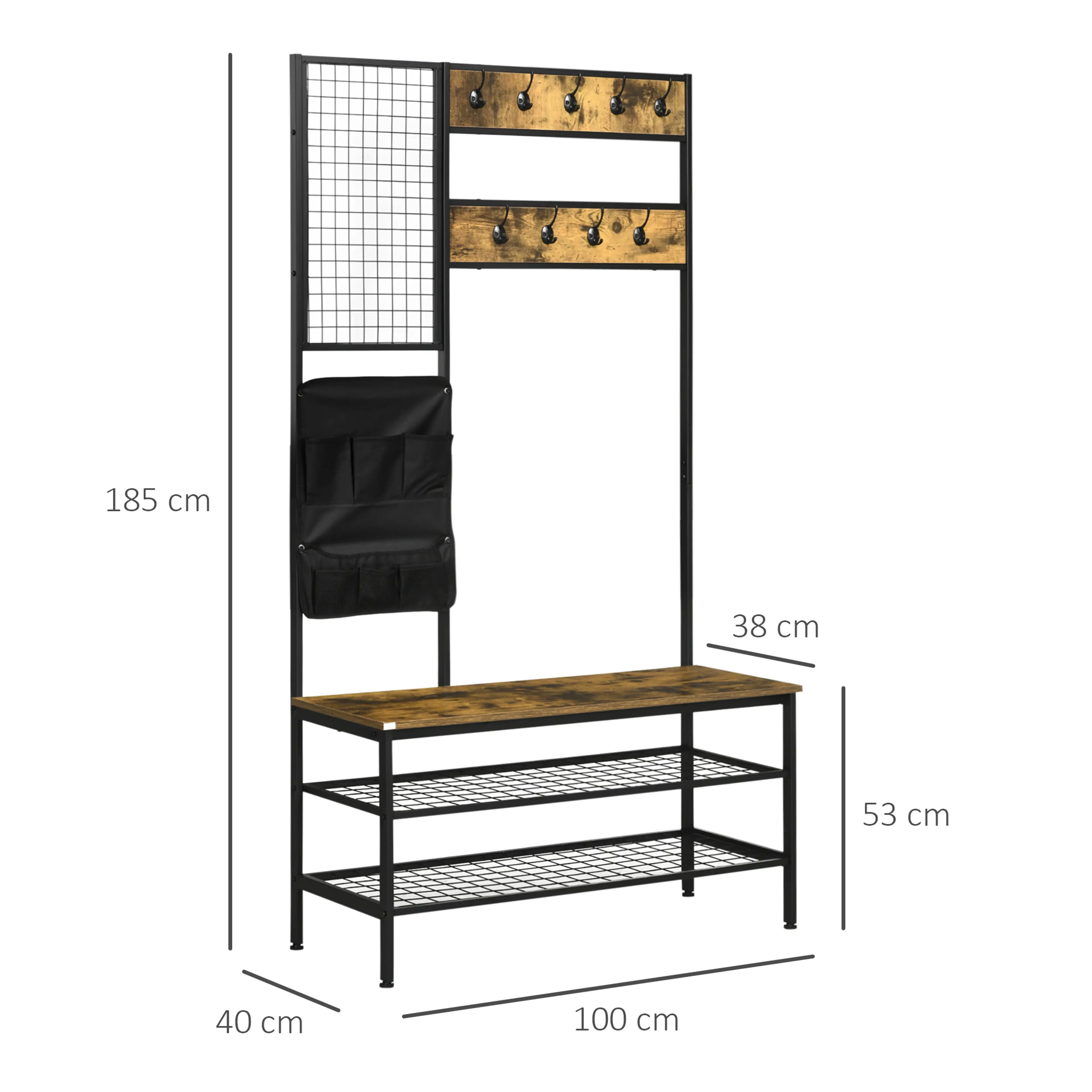 Måttskiss: 185 cm hög, 100 × 40 cm golvyta och 53 cm sitthöjd