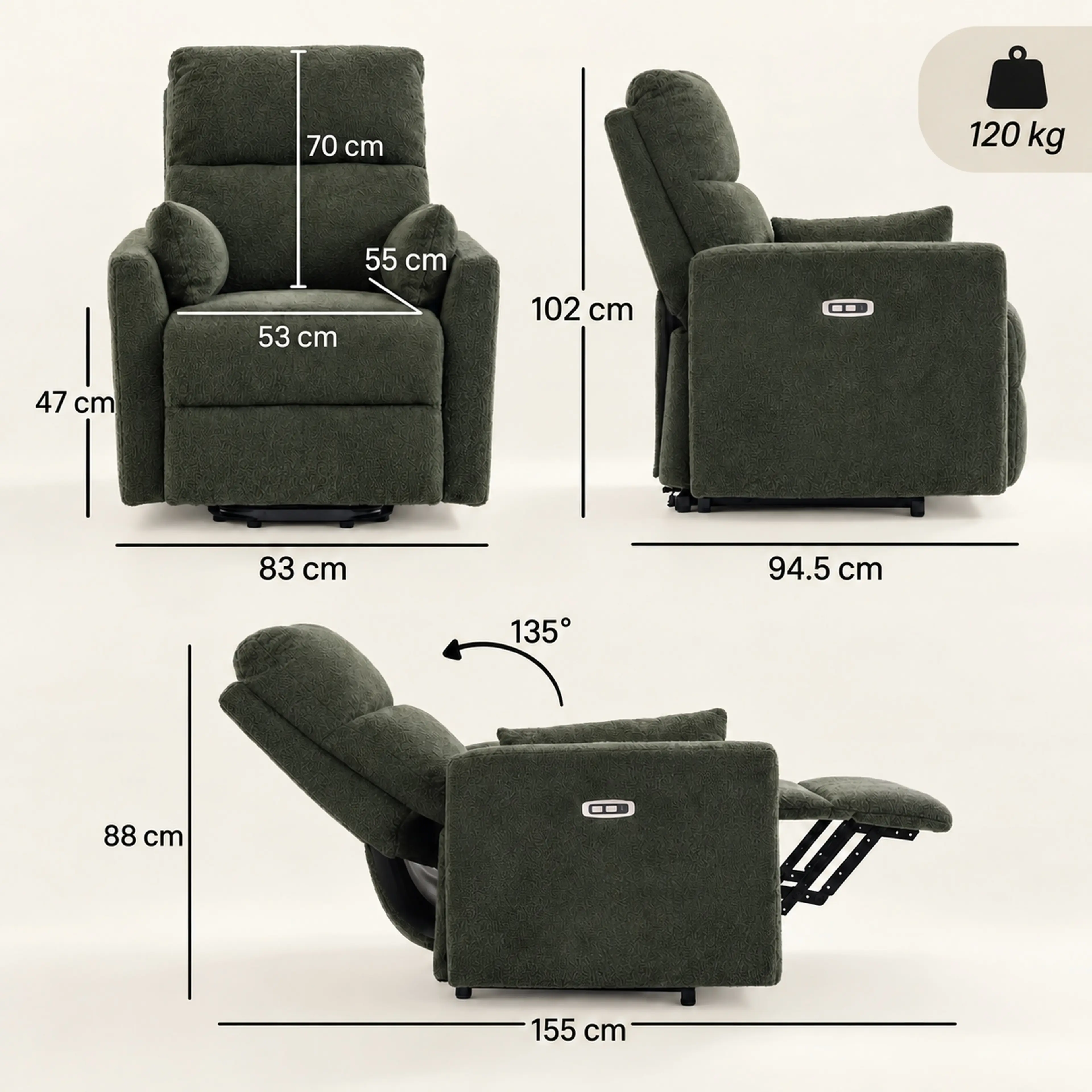Måttbild med fåtöljens mått i upprätt läge, liggläge och uppresningsläge, bland annat 83, 94,5 och 102 cm samt 155 cm i liggläge, och märket 120 kg