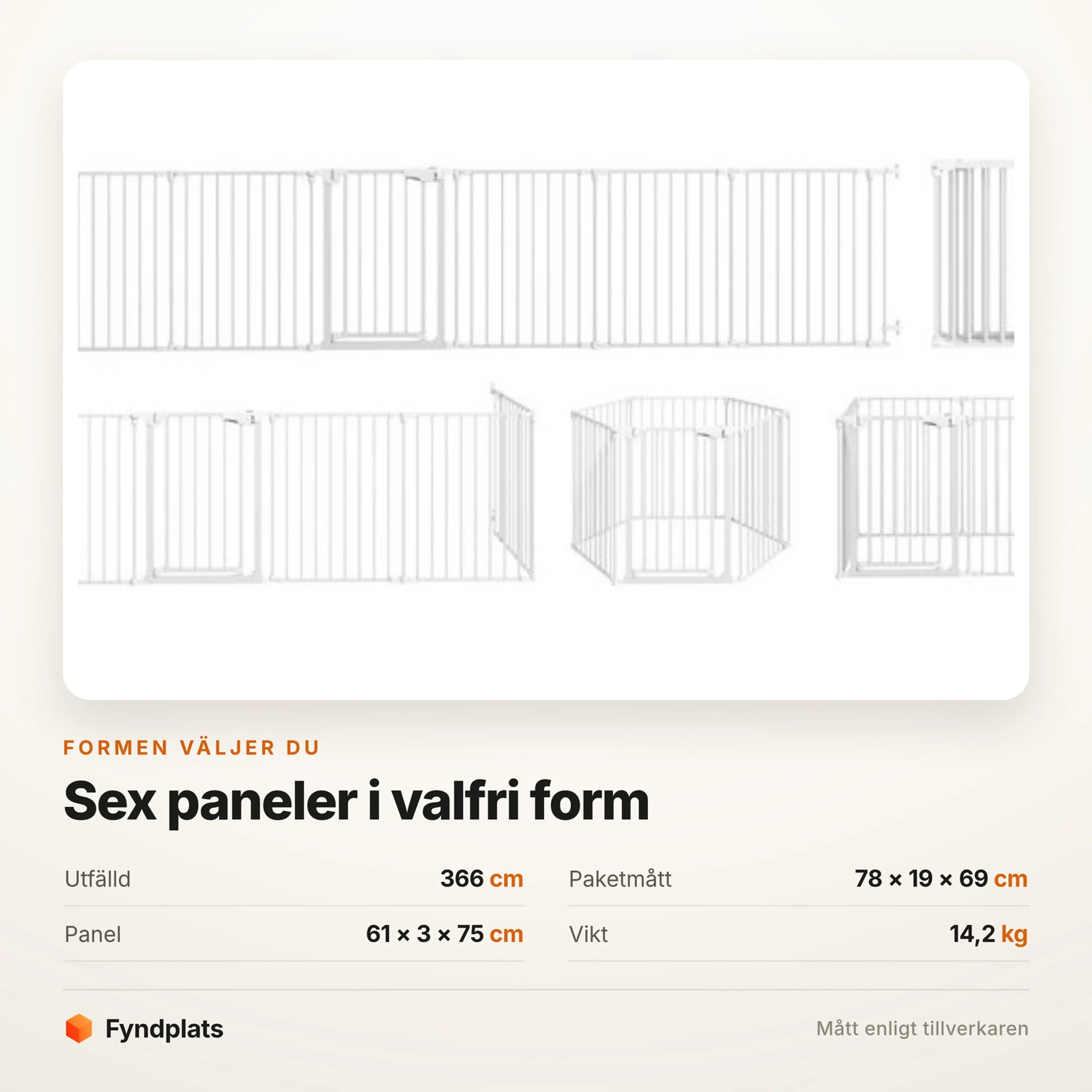 Faktakort: panelerna ställda rakt, i rektangel eller sluten form, med paketmåttet 78 × 19 × 69 cm