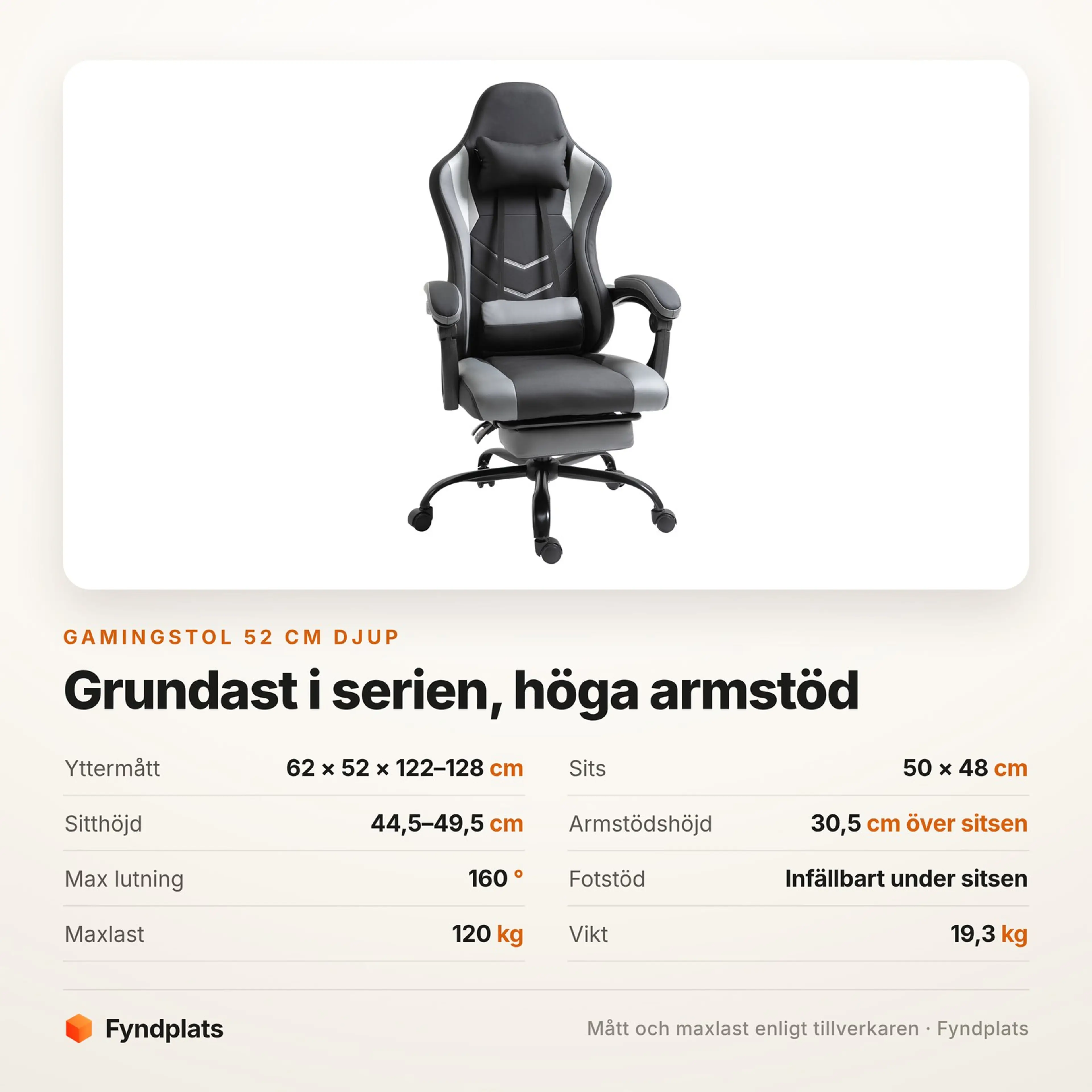Spec-kort för gamingstolen: 52 cm djup, armstöd 30,5 cm över sitsen, 160° lutning och 120 kg maxlast