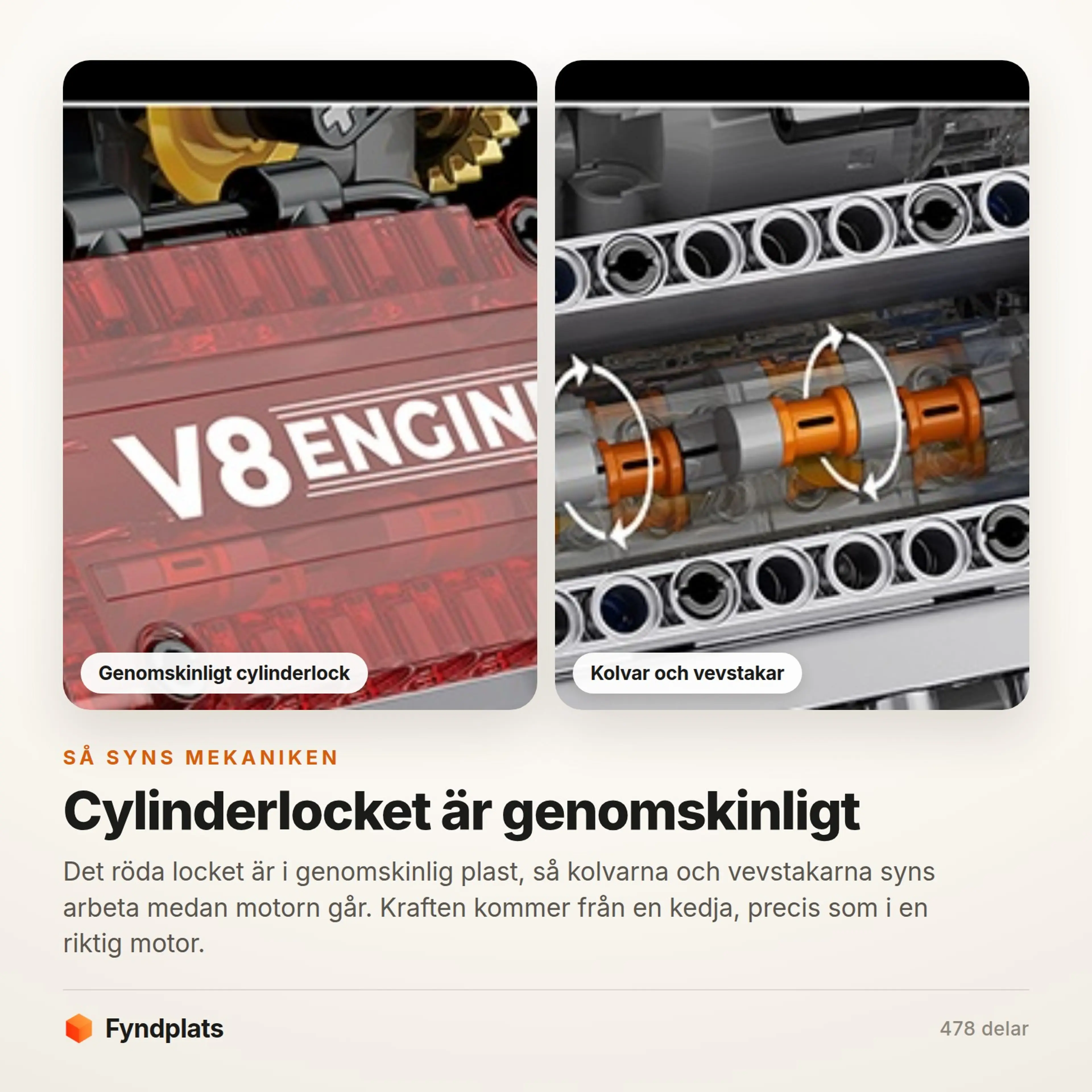Fyndplats-kort: närbilder på det genomskinliga cylinderlocket och kolvarna med vevstakar